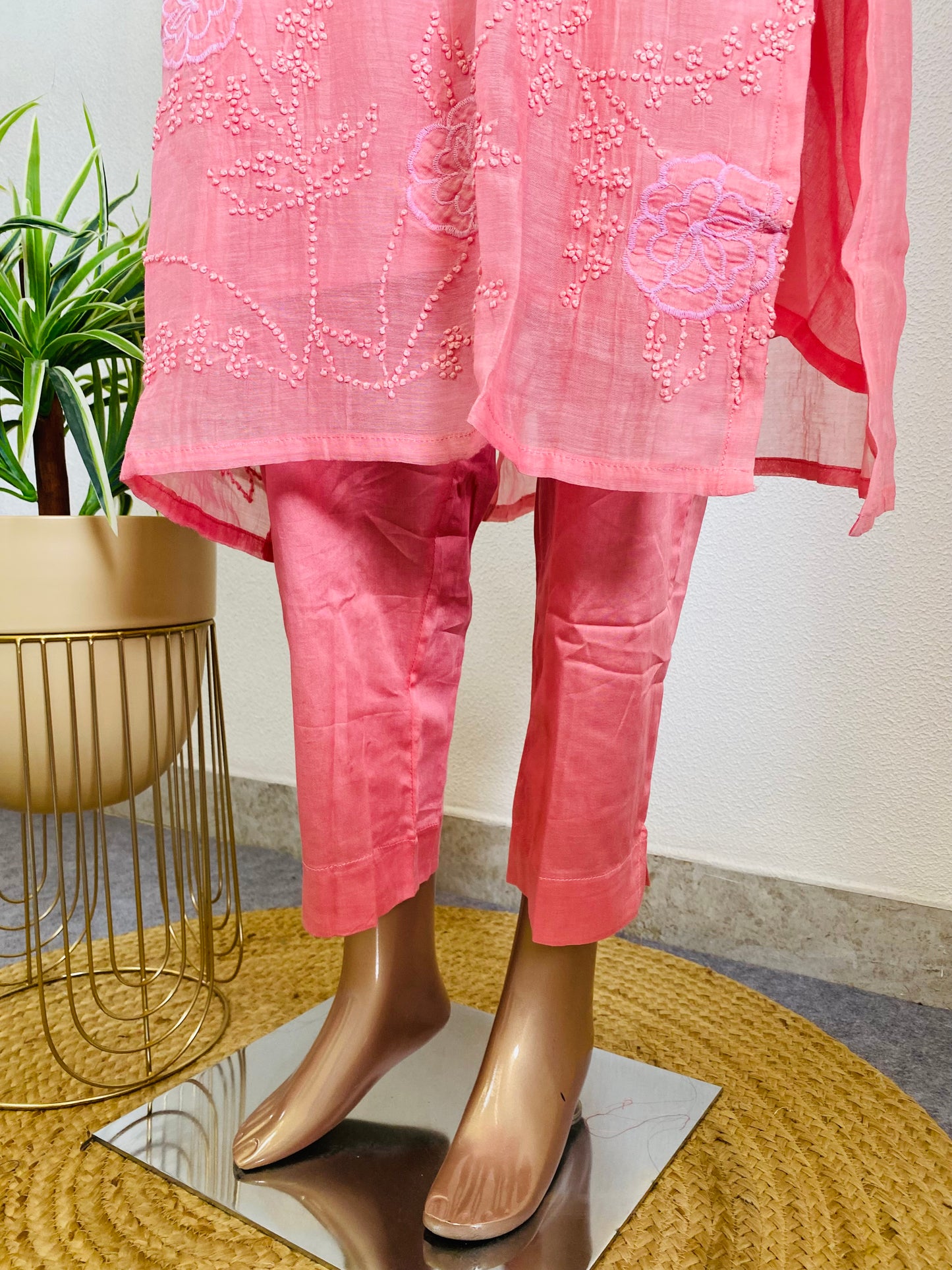 Pure Mul Chanderi Suit with Appliqué and French Knot Work