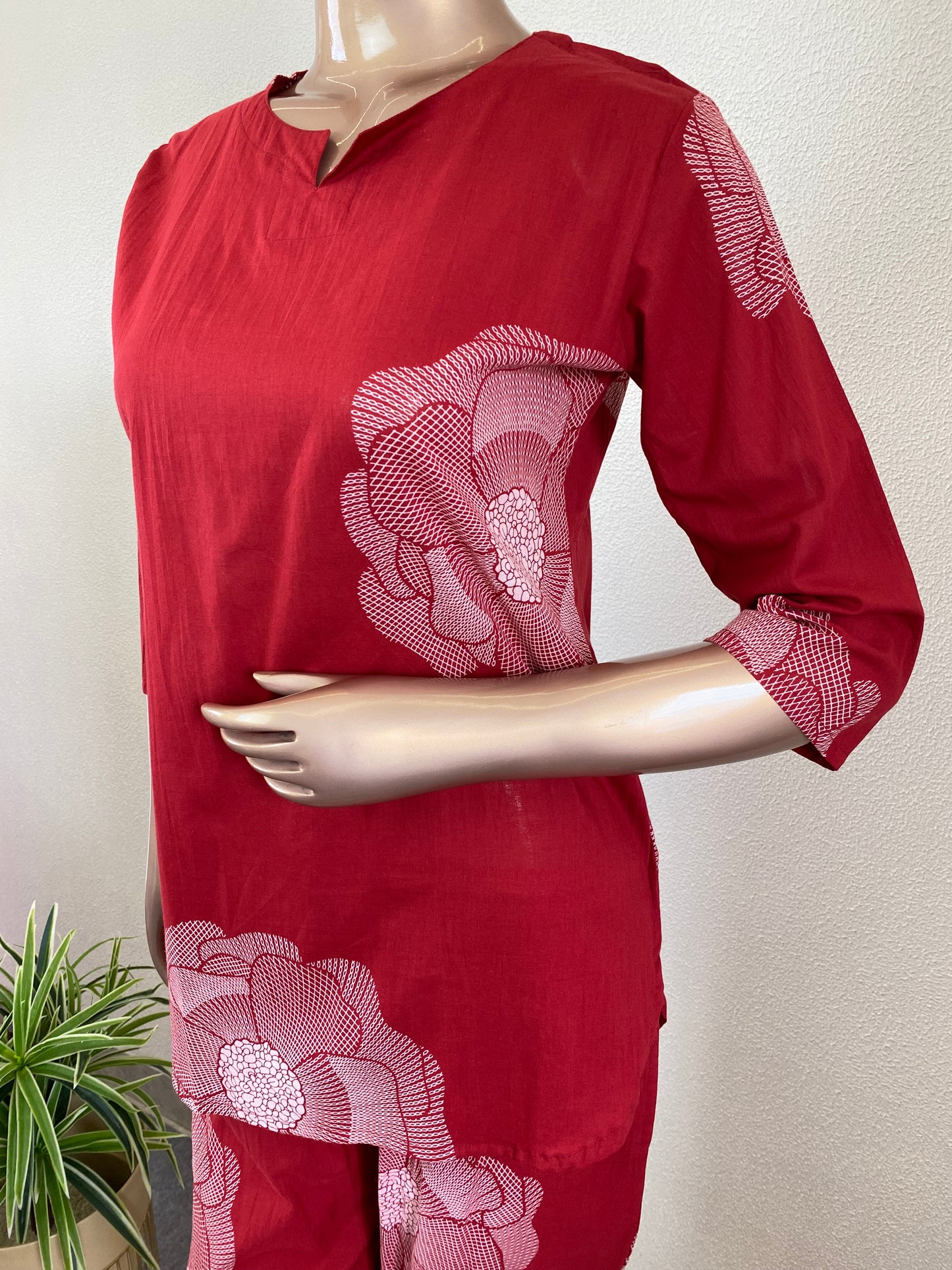 Placement Print Cotton Lounge Wear - Red