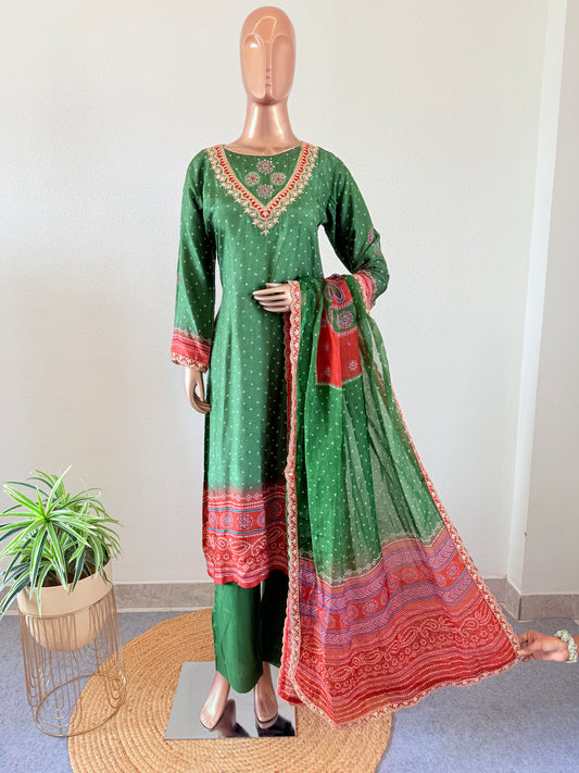 Bandhani Print Dola Silk Suit with organza dupatta