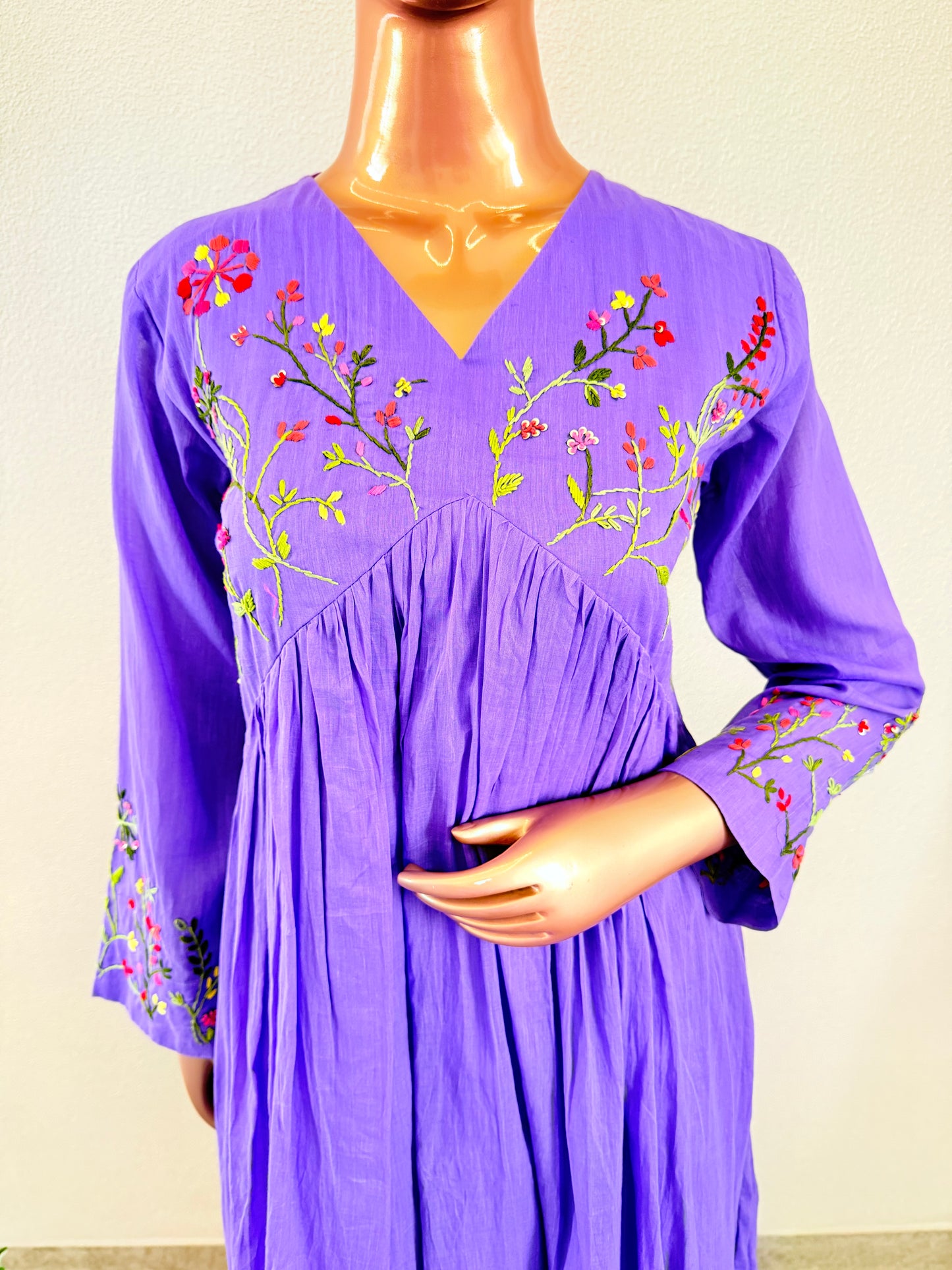 Malai Cotton Frock Suit Set with Hand Embroidery - Purple