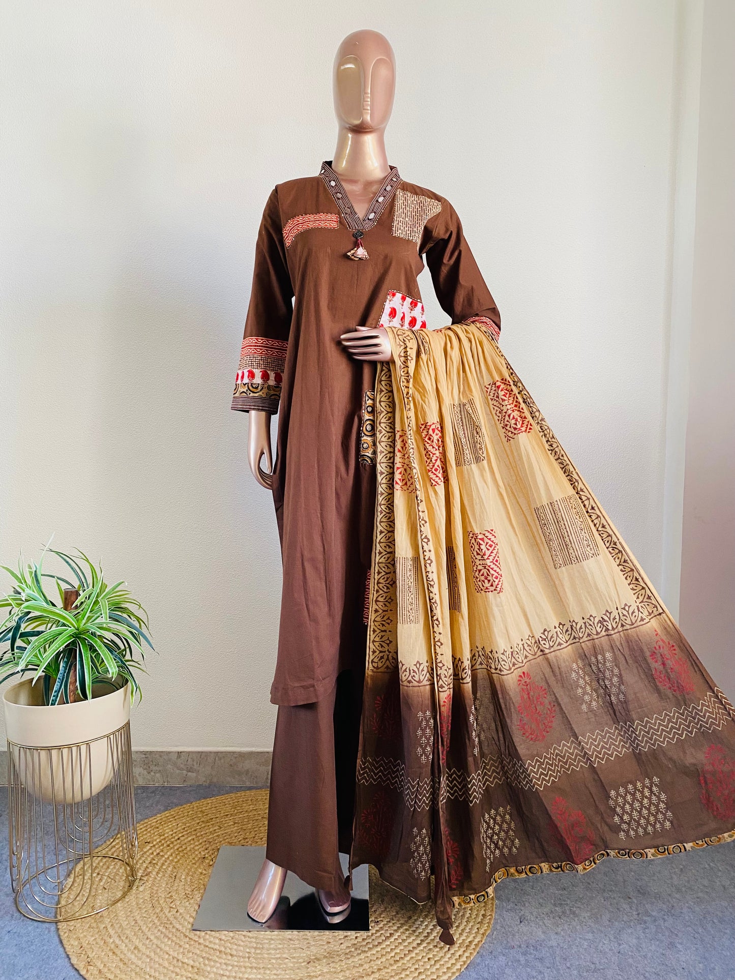 Patchwork Gamthi Work Suit Set with Mul Dupatta