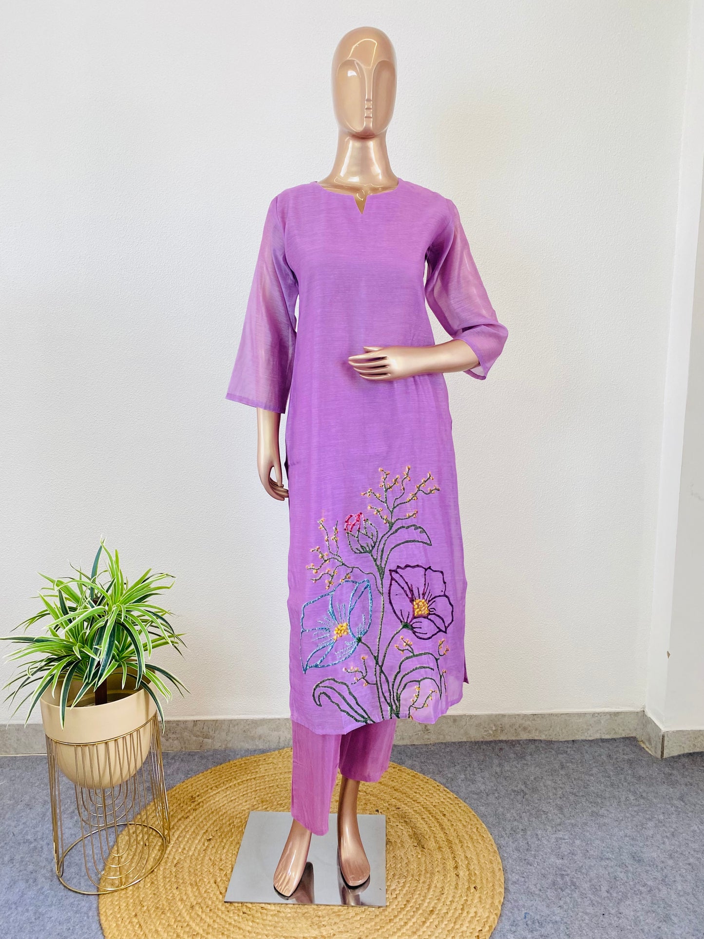 Semi Chanderi Abstract Print Suit Set with French Knot work