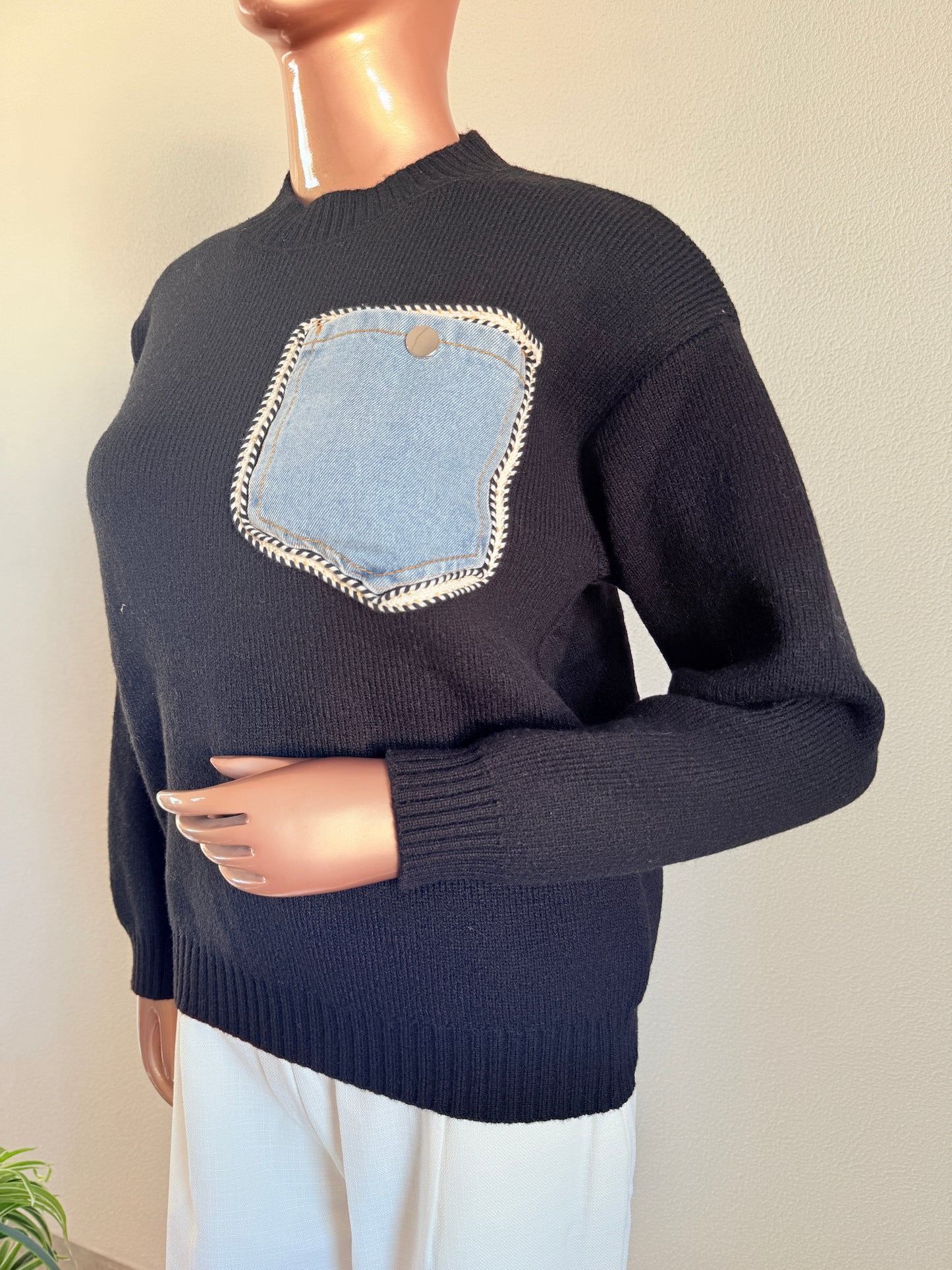 Woollen Sweater with Denim Pocket - Black