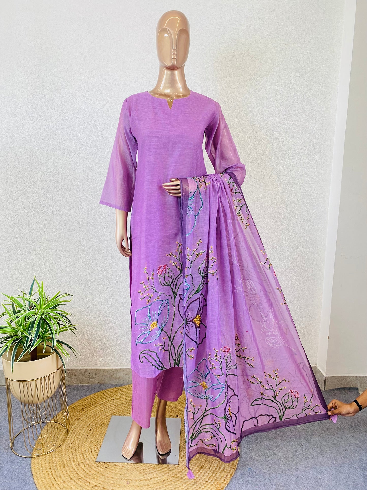 Semi Chanderi Abstract Print Suit Set with French Knot work