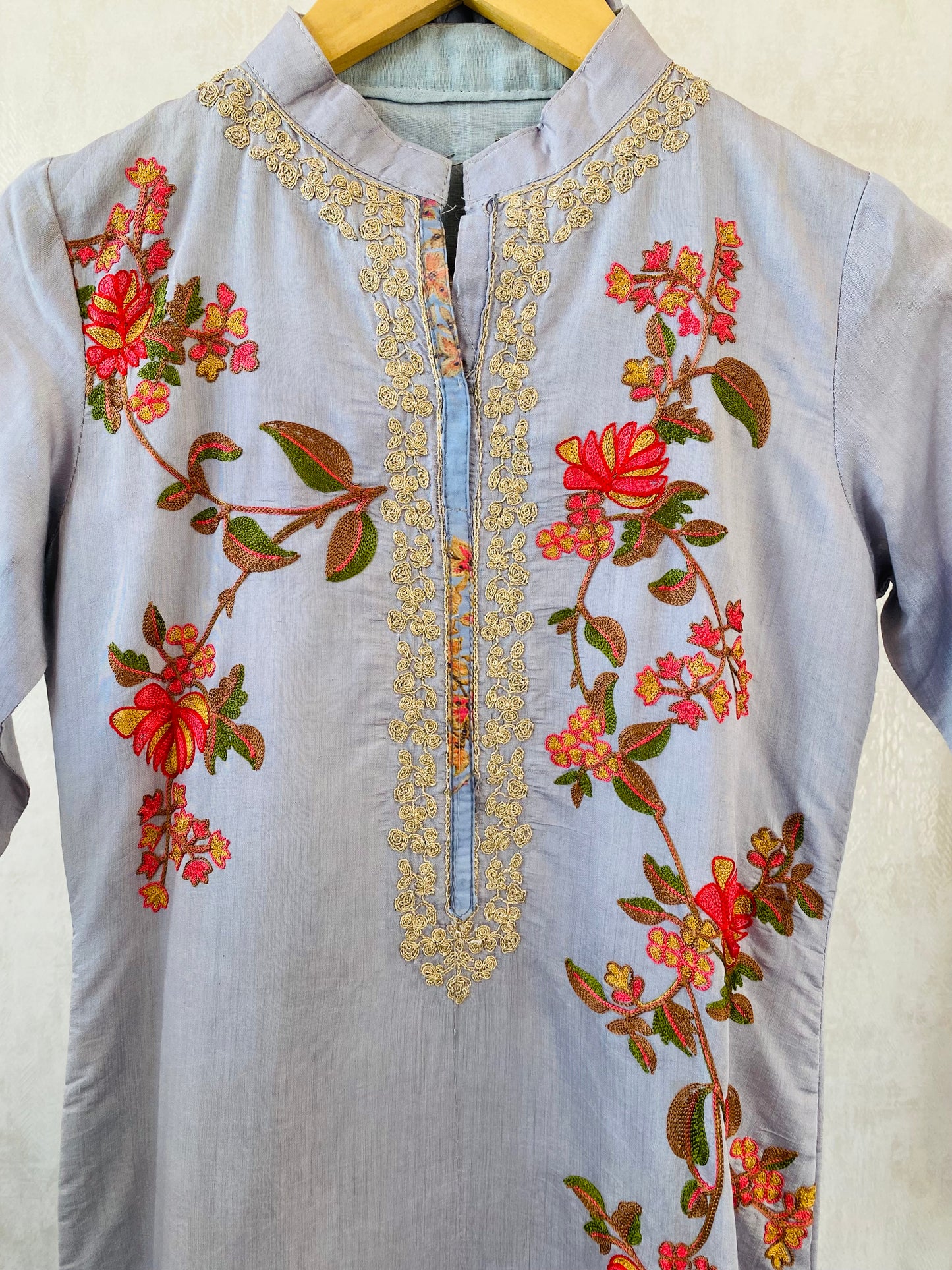 Aari work Silk Suit with Printed wide pants