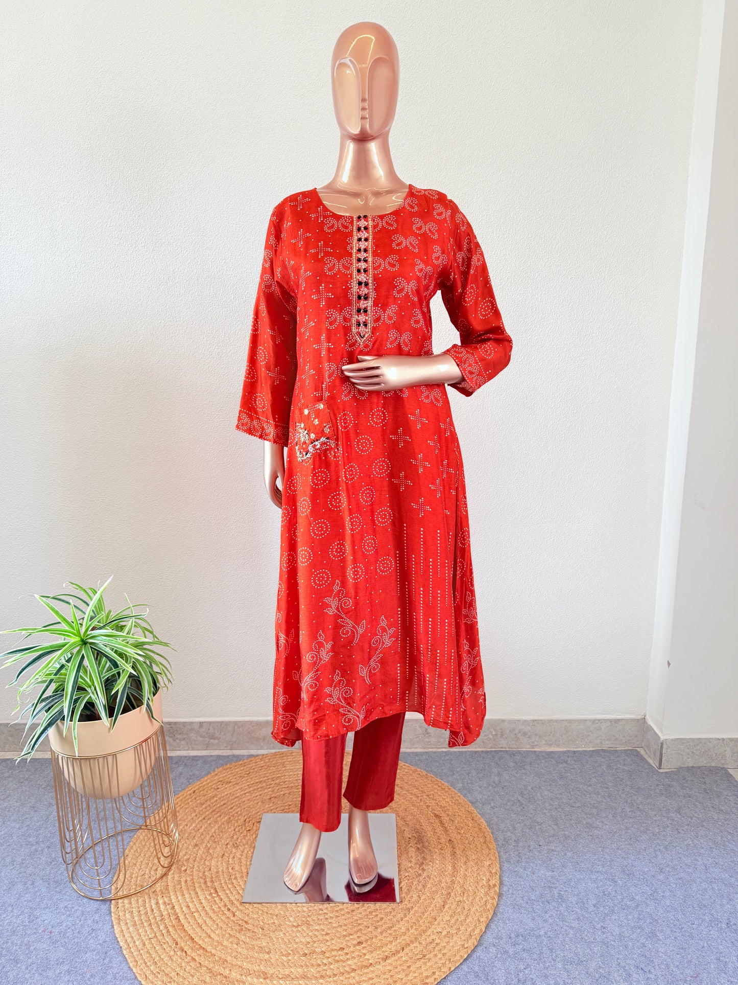 Printed Dola A-line suit set with contrast dupatta