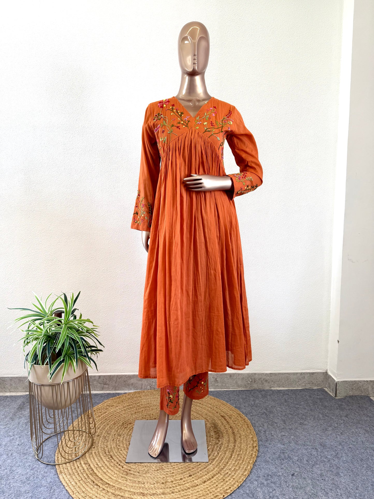 Malai Cotton Frock Suit Set with Hand Embroidery - Rust