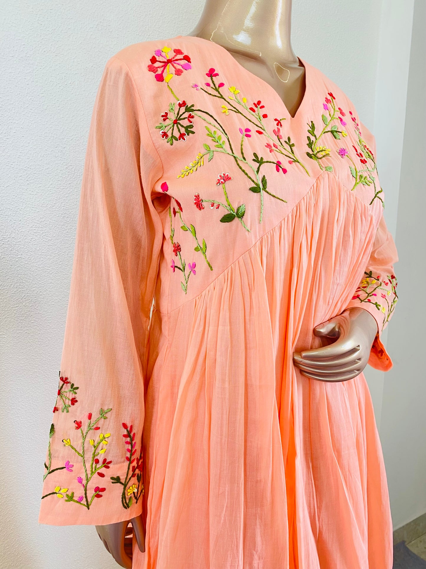Malai Cotton Frock Suit with Hand Embroidery- Peach