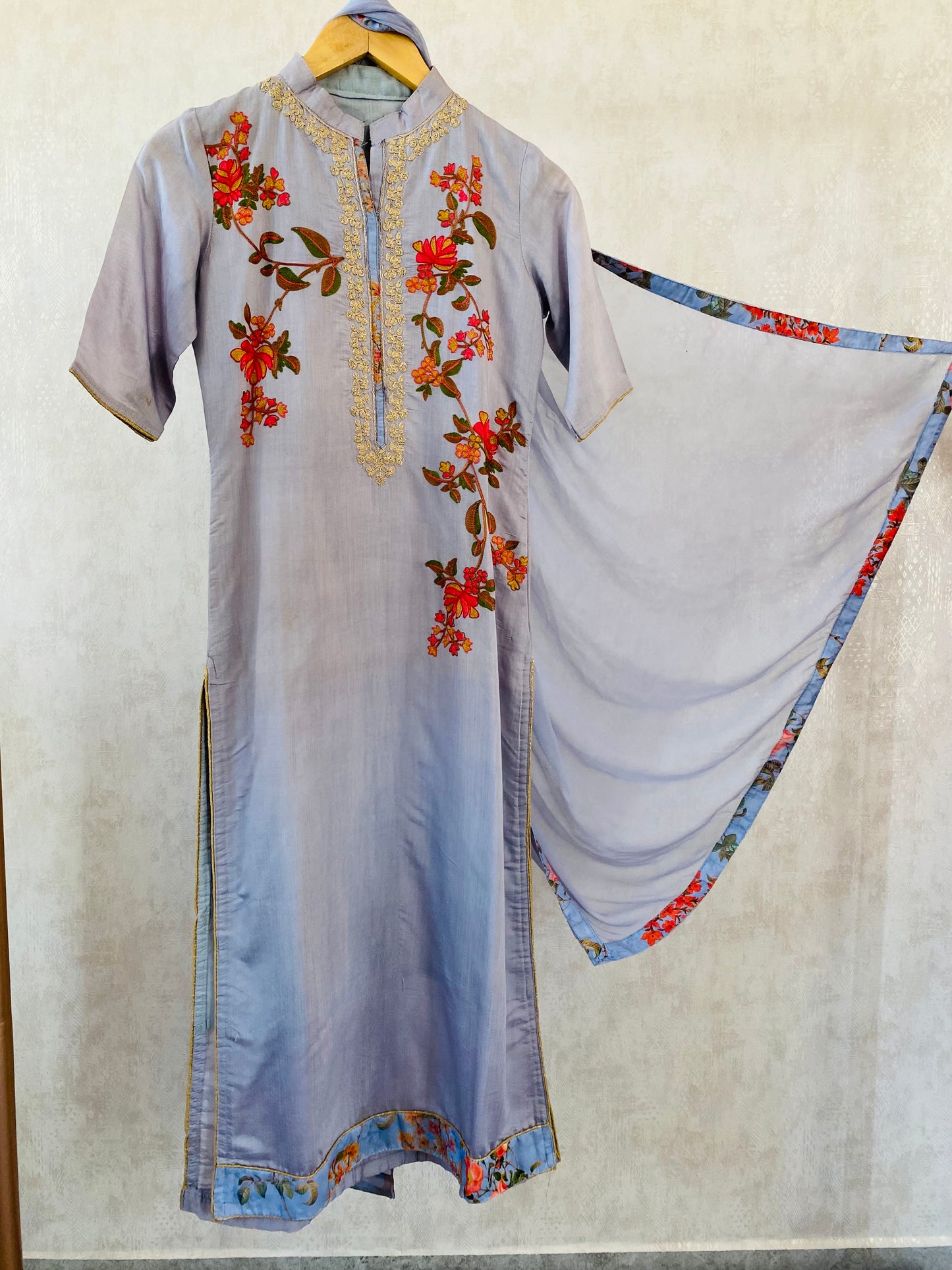 Aari work Silk Suit with Printed wide pants