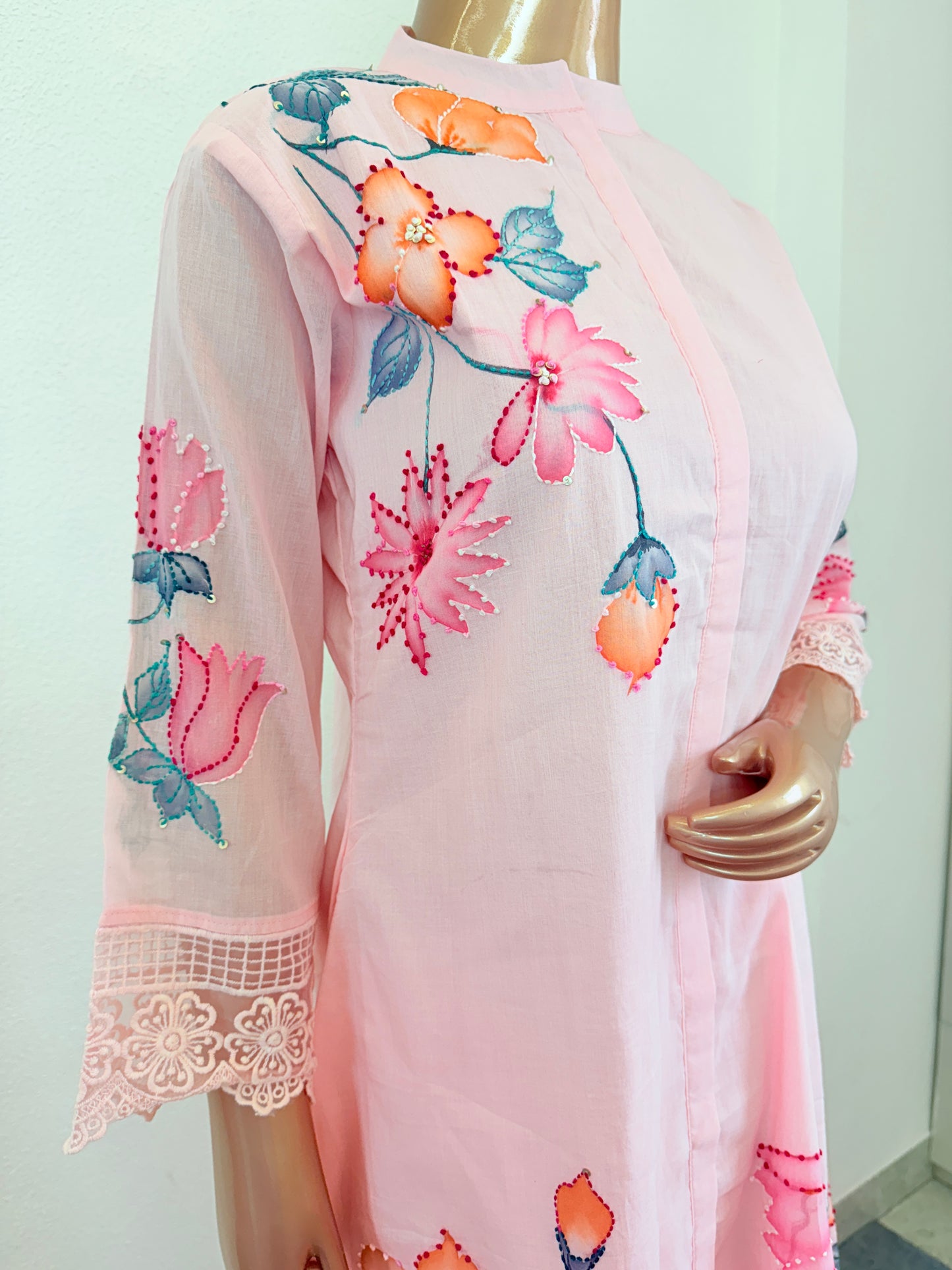 Hand Painted Kantha Work Cotton Kurta Pant - Pink