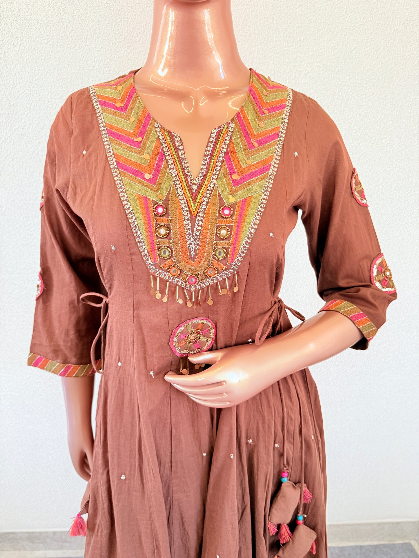 Mul Cotton Frock Suit with Heavy Neck Work - Brown