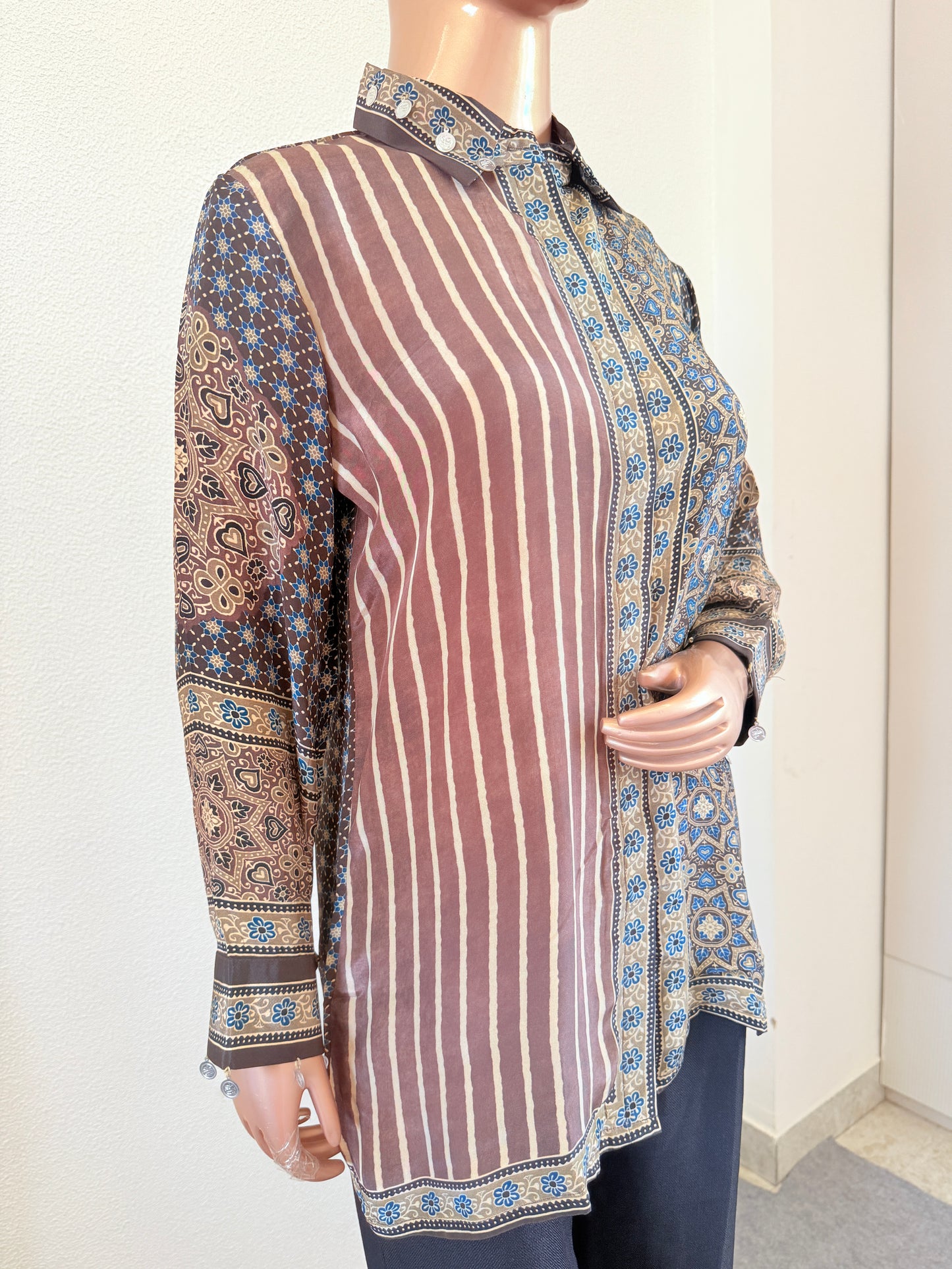 Ajrakh Printed Crepe Shirt with Striped Accents