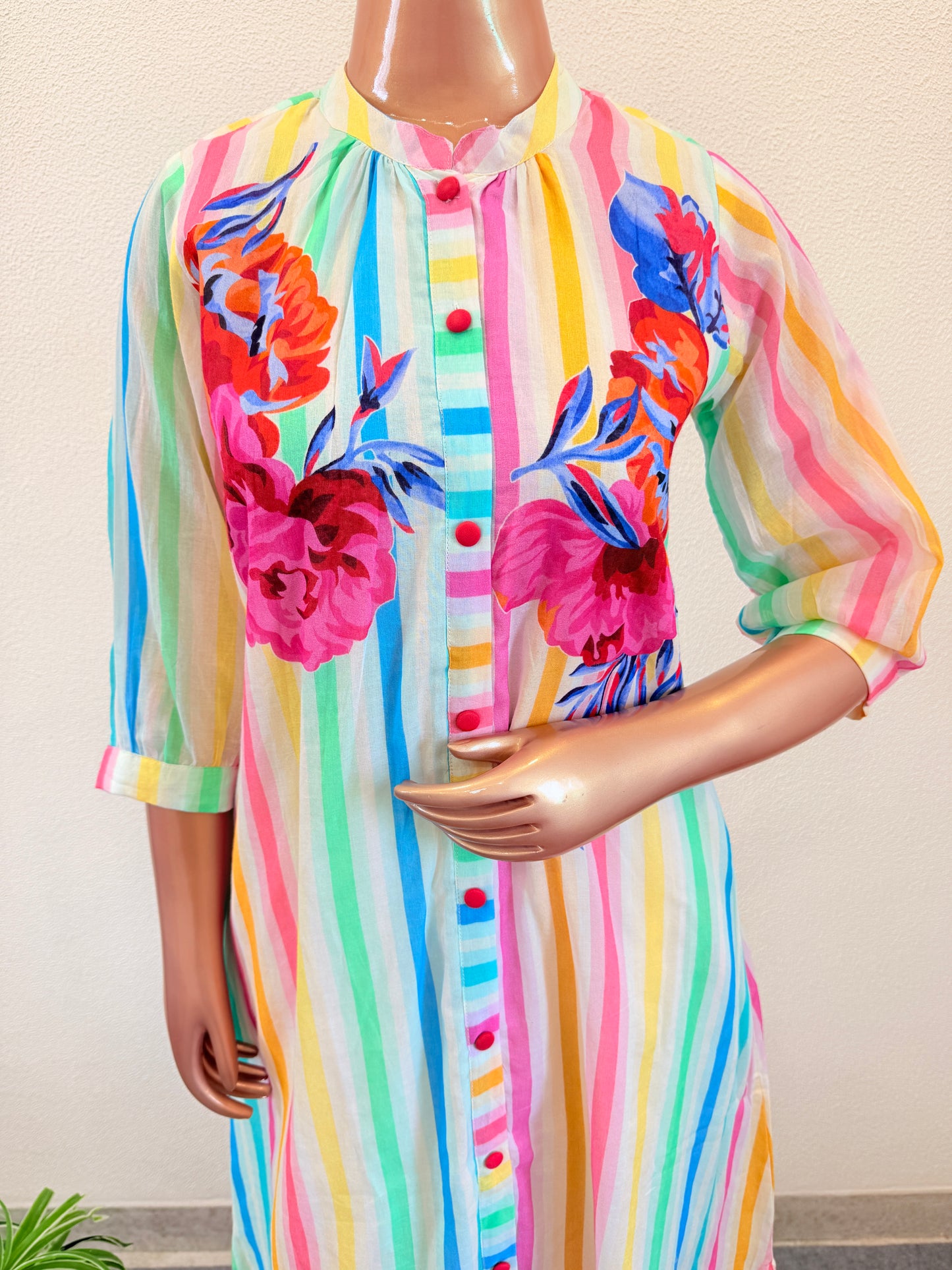 Mul Chanderi Kurta Pant with Strip & Floral Print in Candy Colors