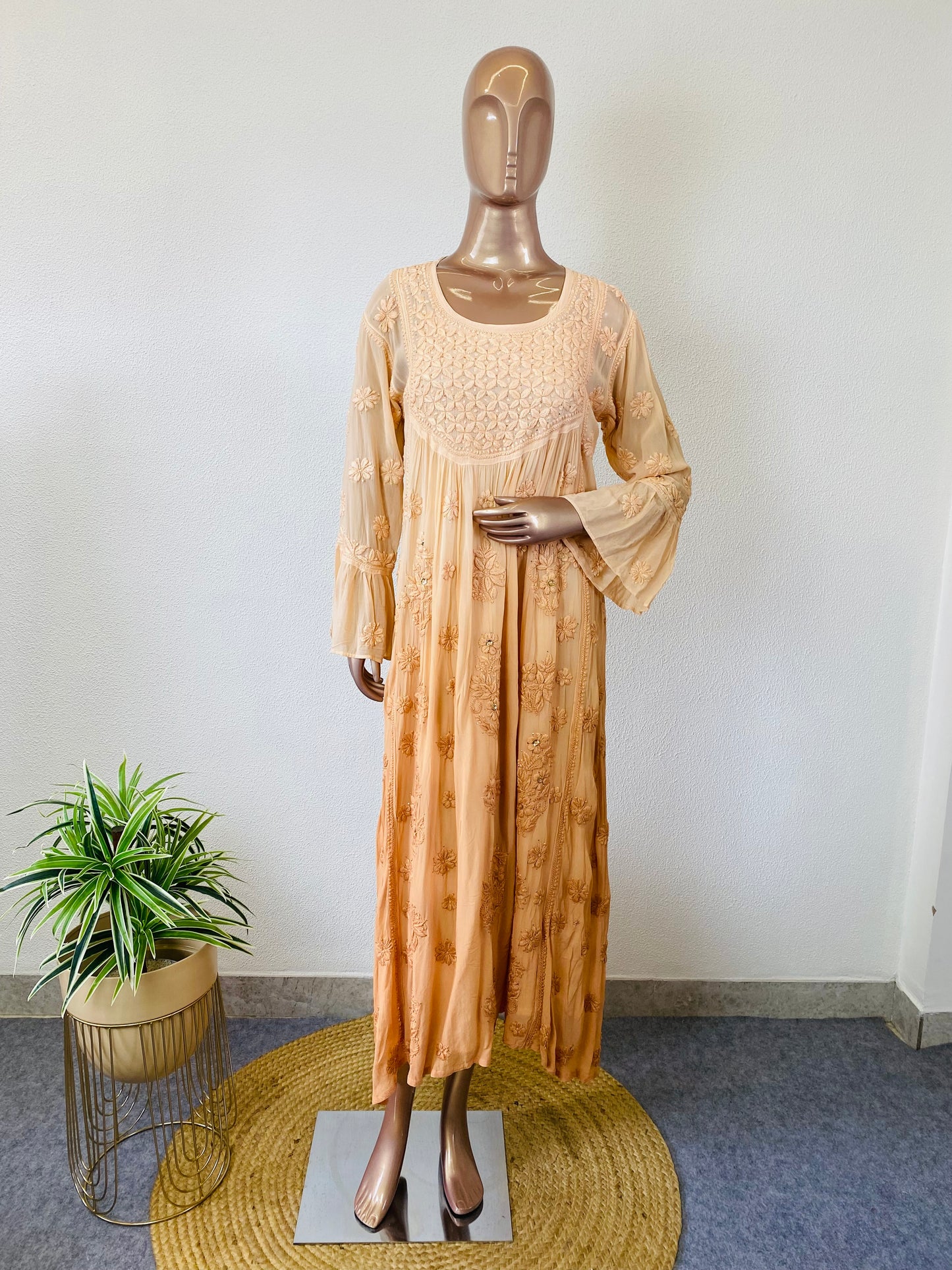 Ombre Chikankari Kurti with Mukaish Work - Almond