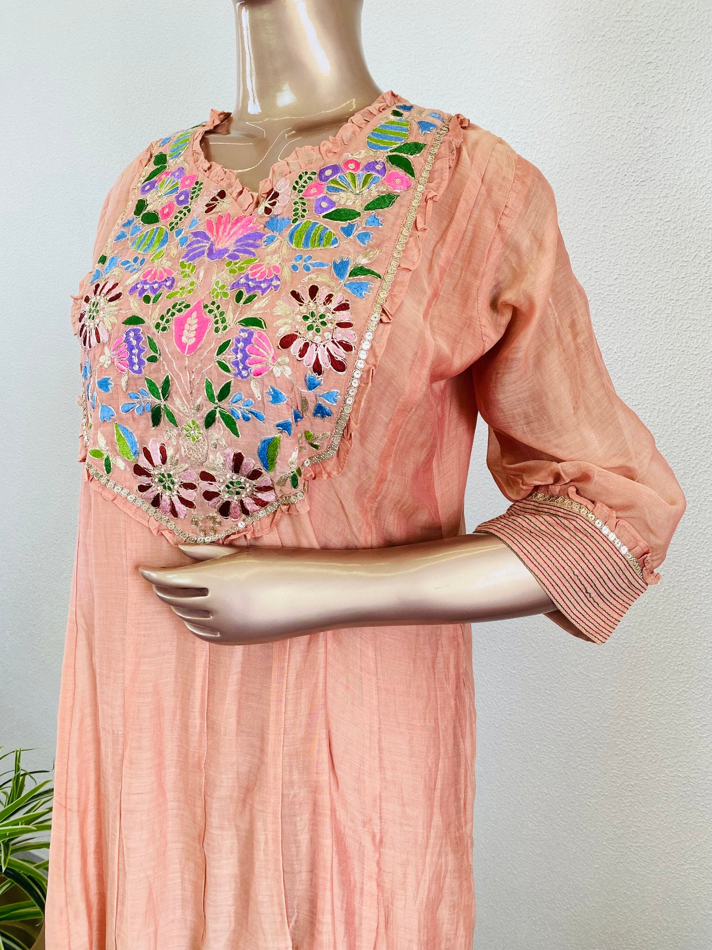 Mul Chanderi Frock Suit with Pittan Work on Yoke