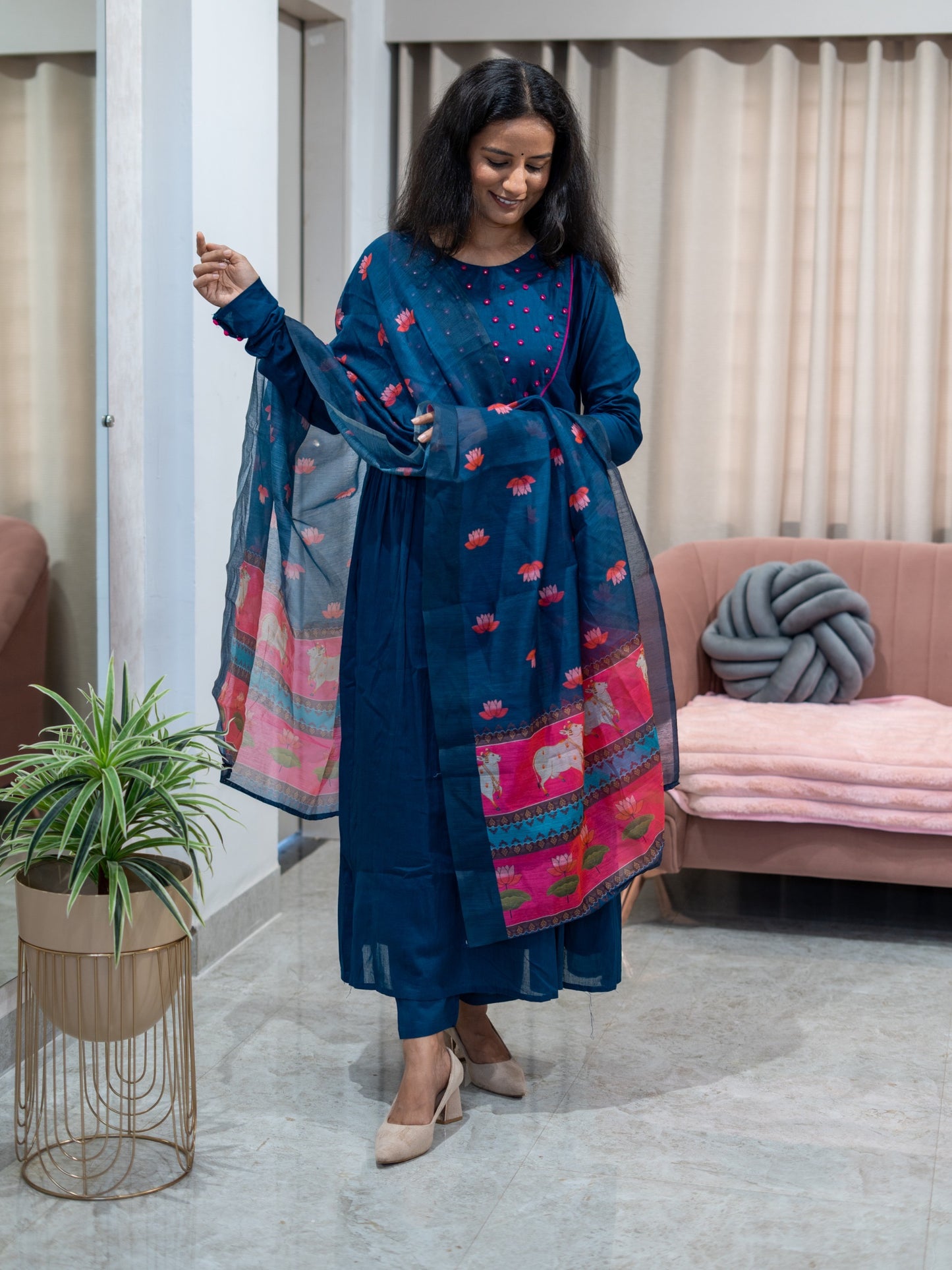 Cotton Frock Suit with Mirror Work Pichwai Print Chanderi Dupatta