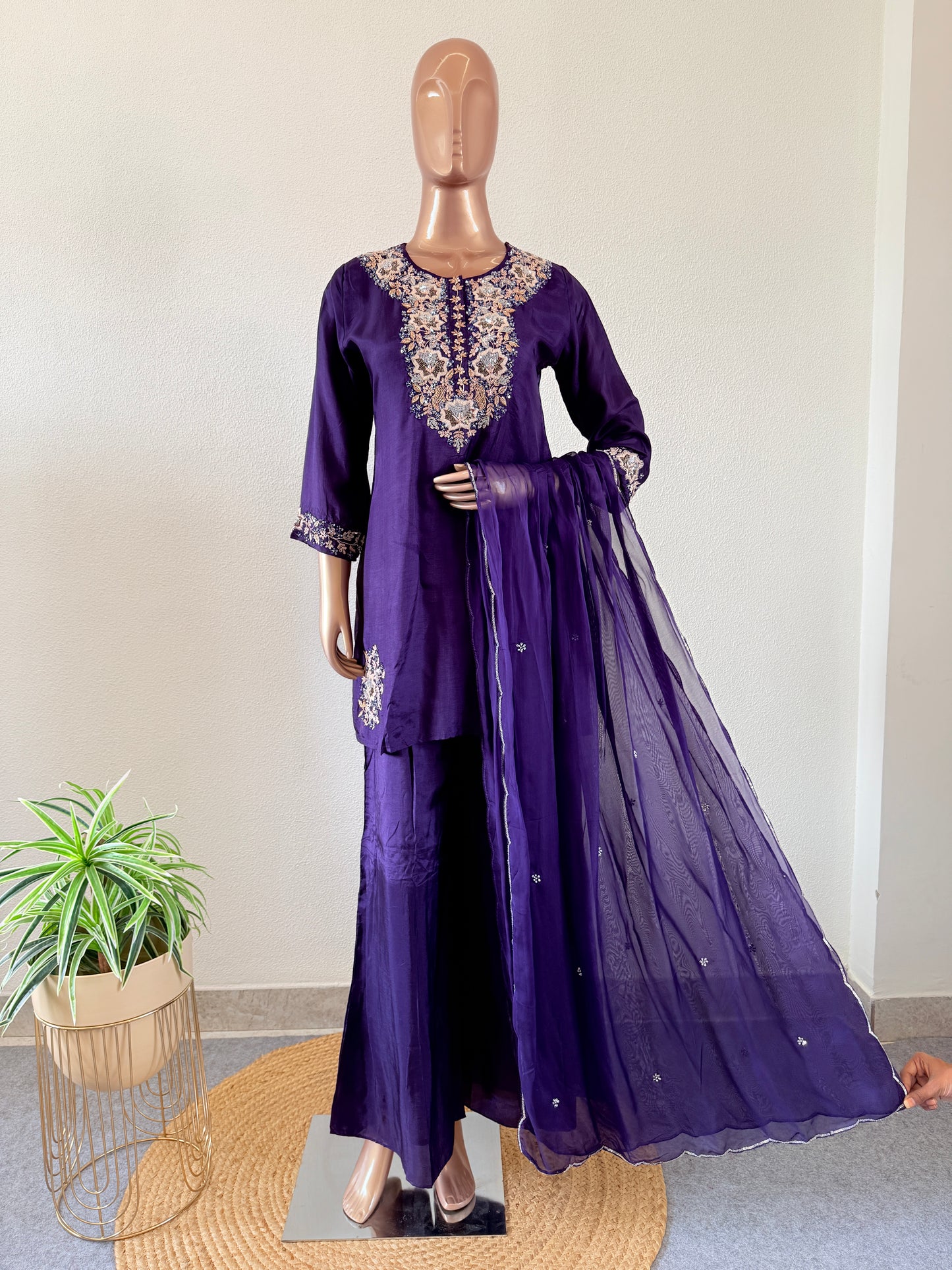Dola Silk Short Kurta Suit Set- Purple