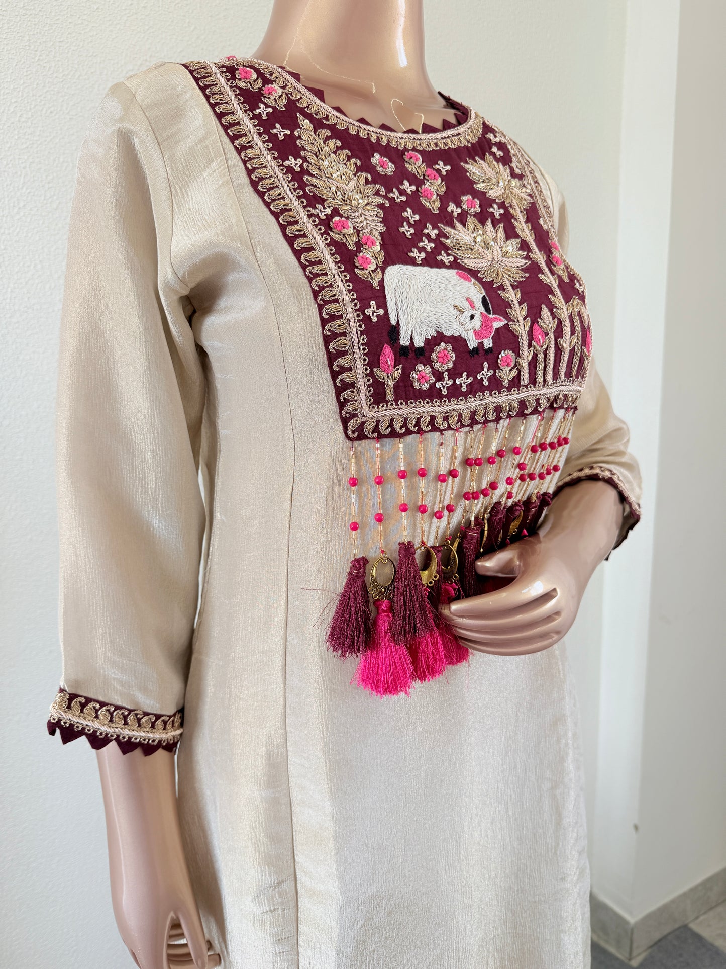 Pichwai Embroidered Tissue Suit with Long Tassels