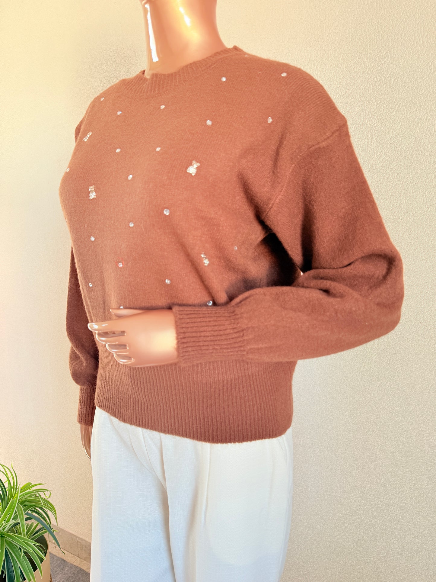 Woollen Top with Diamond and Teddy Bear Studs - Brown