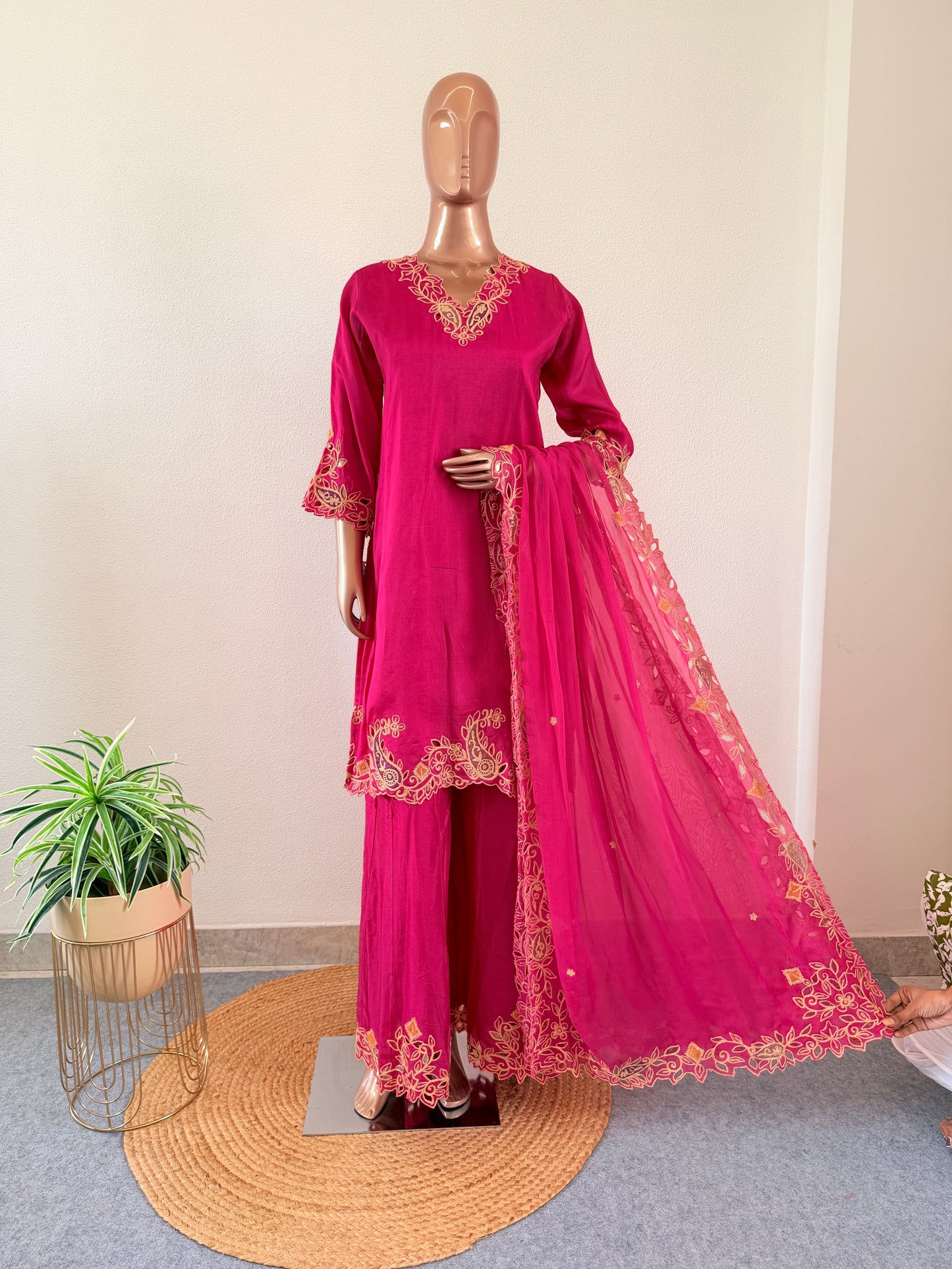 Dola Silk Aari work Suit set with Wide pants