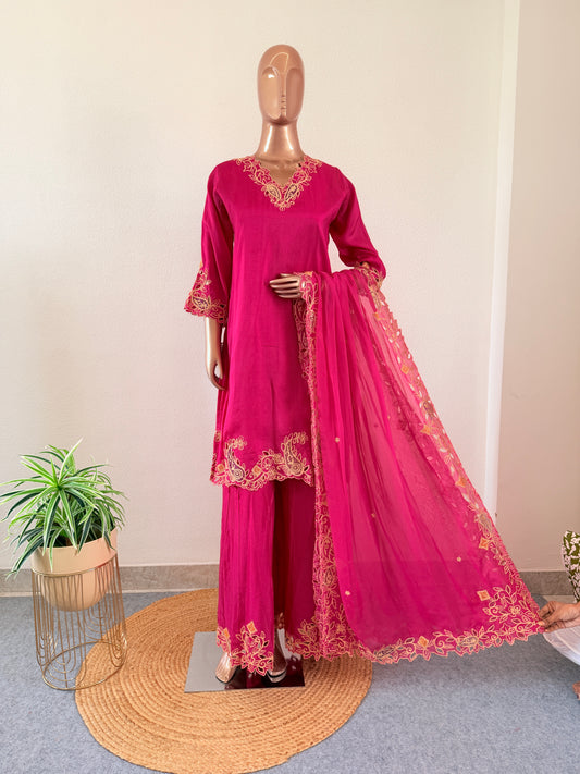 Dola Silk Aari work Suit set with Wide pants
