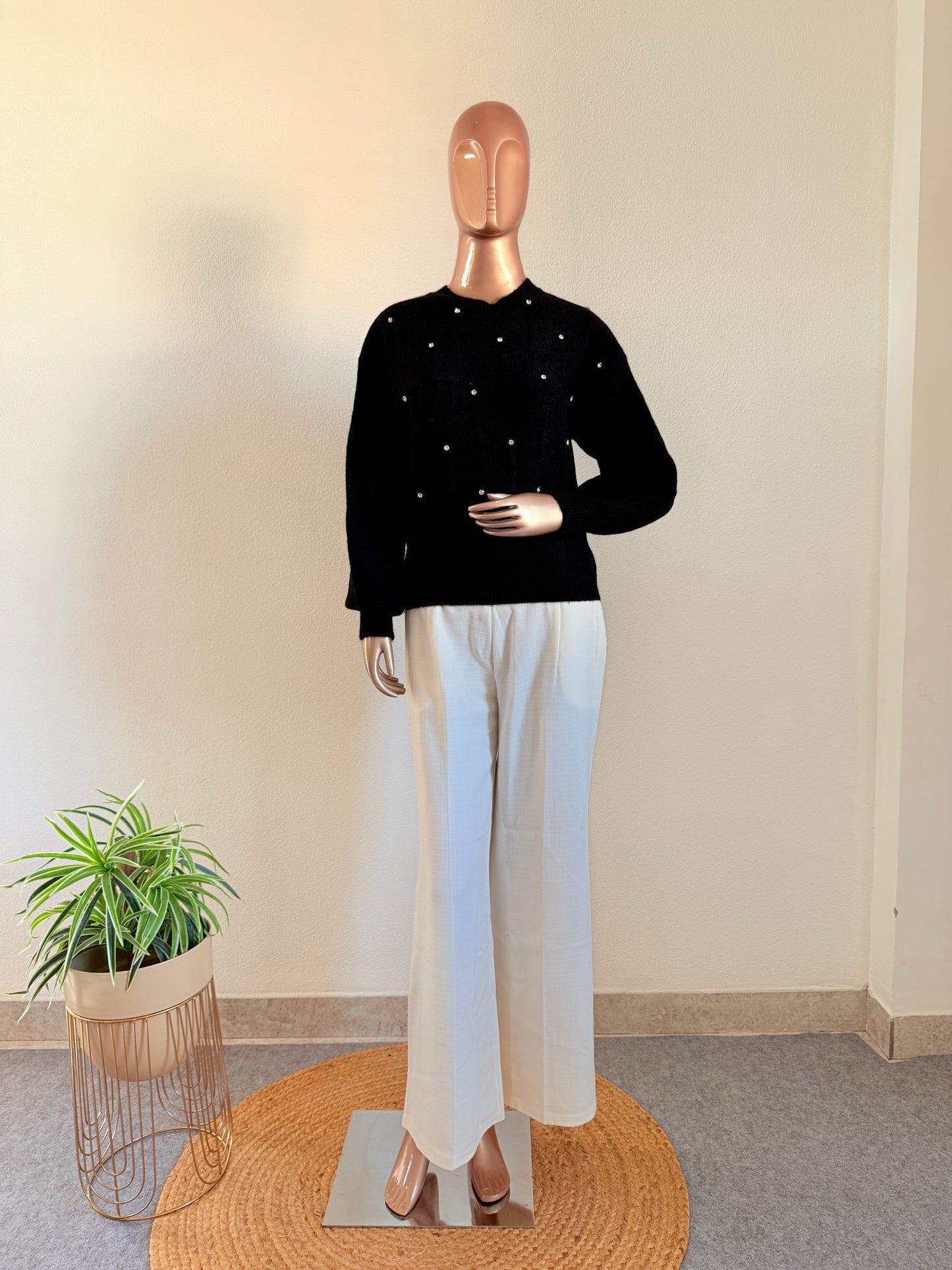 Woollen Top with Diamond Studs - Black