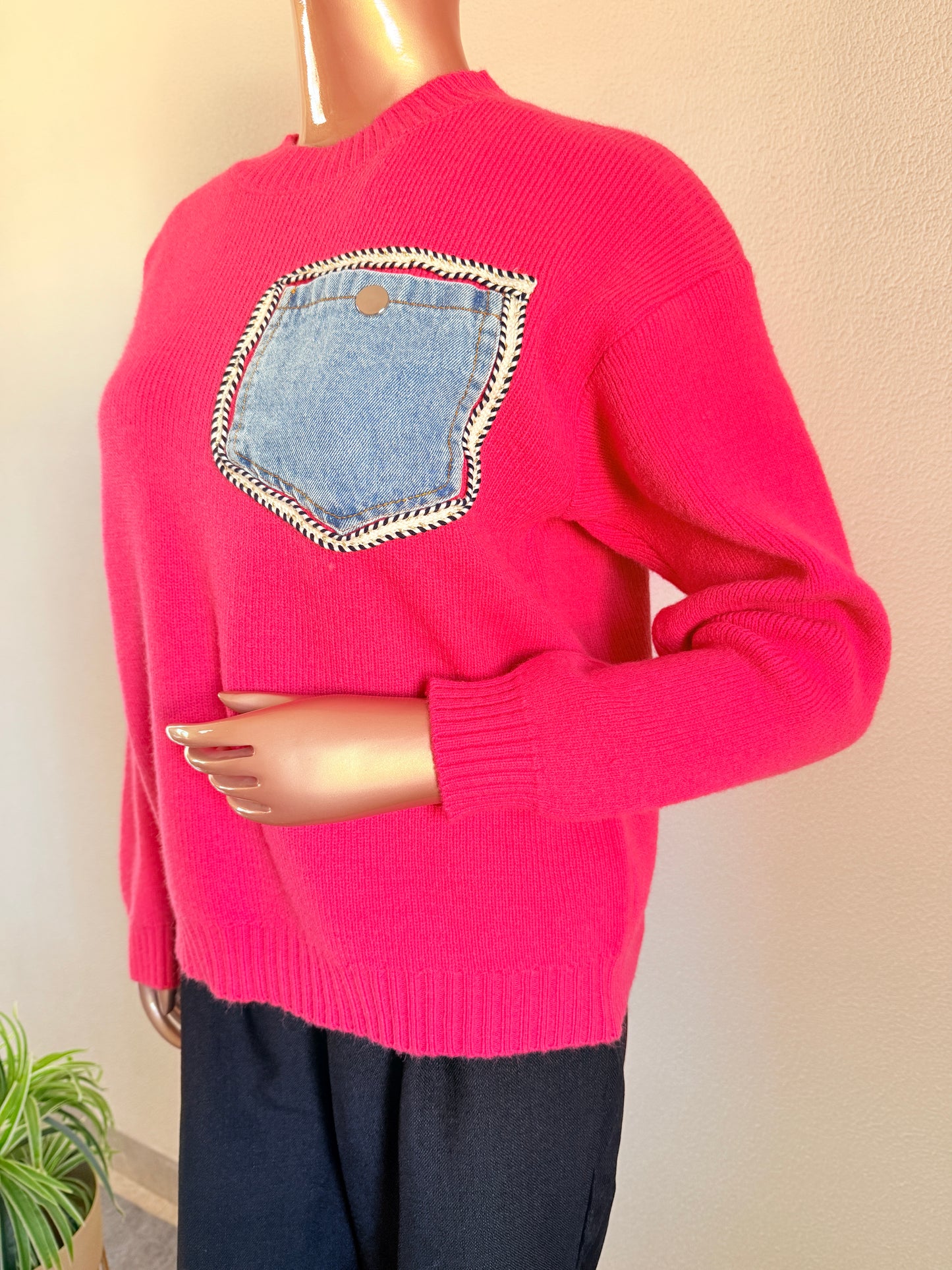 Woollen Sweater with Denim Pocket - Carrot