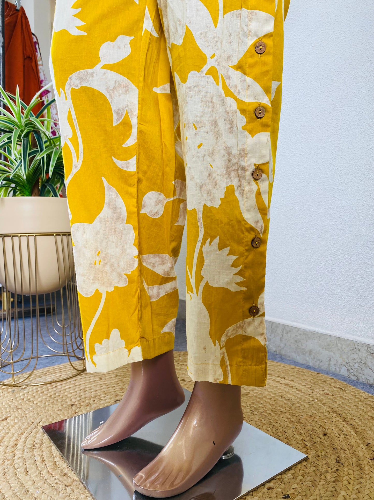Cotton Coord Set with Puff Sleeves and Buttoned Pants- Yellow