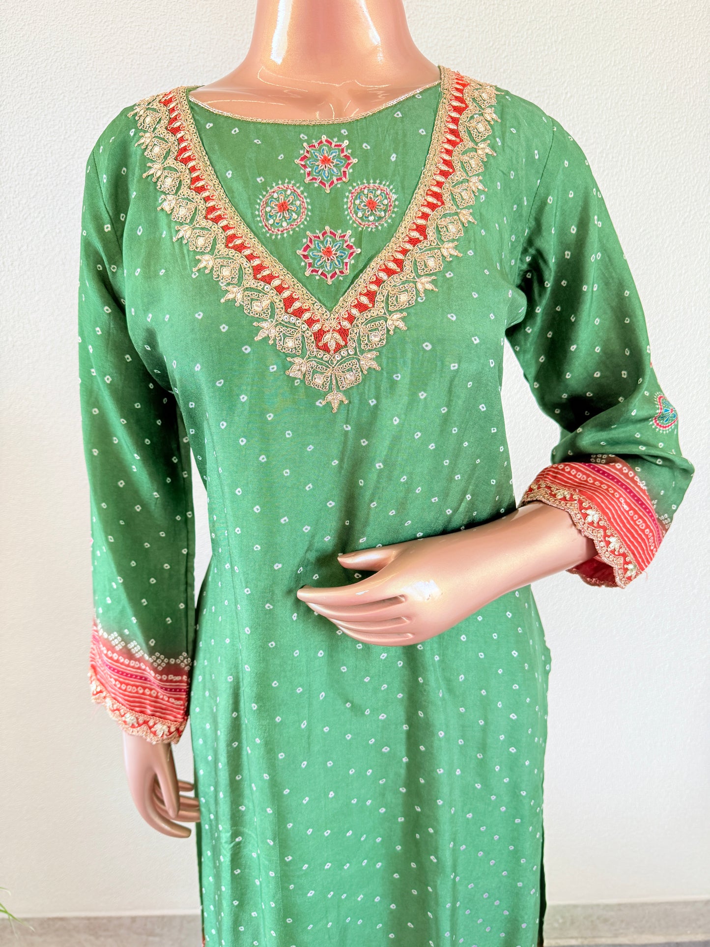 Bandhani Print Dola Silk Suit with organza dupatta