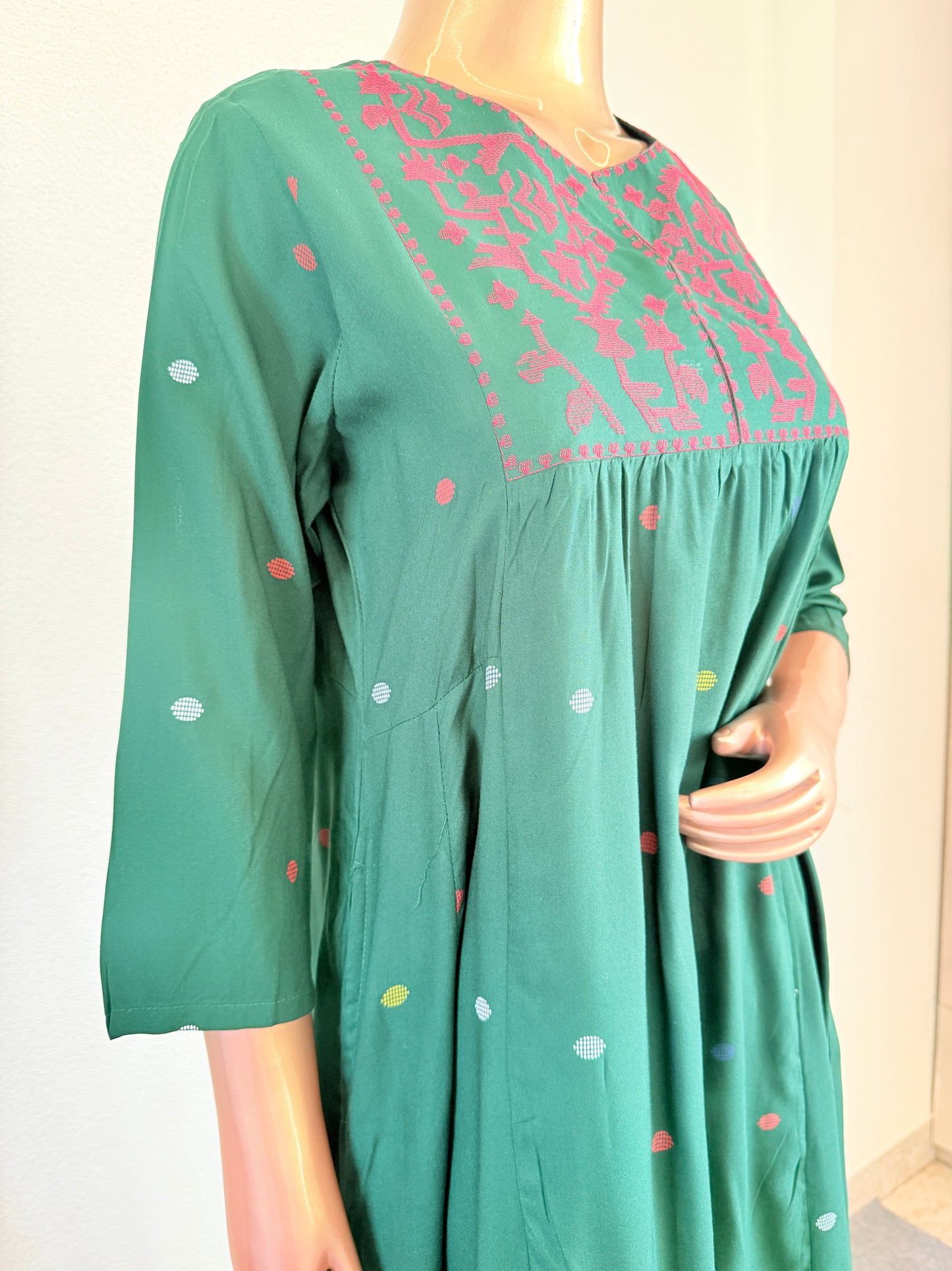 Deep Green Embroidered Round-Neck Kurti with Matching Printed Trousers