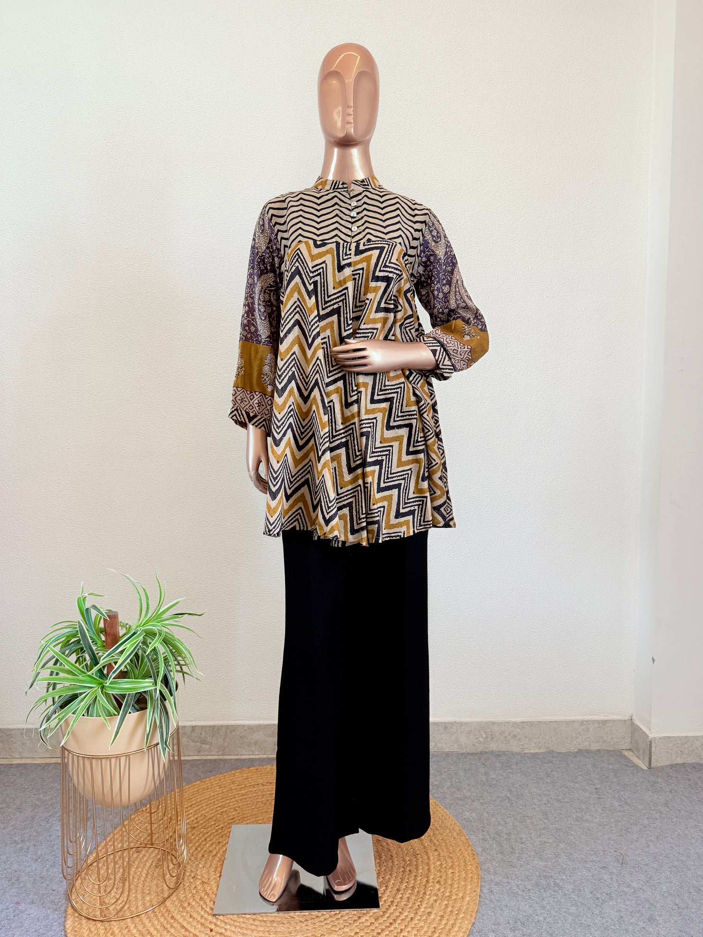 Ethnic Mul Chanderi Fusion A-Line Top- Mustard