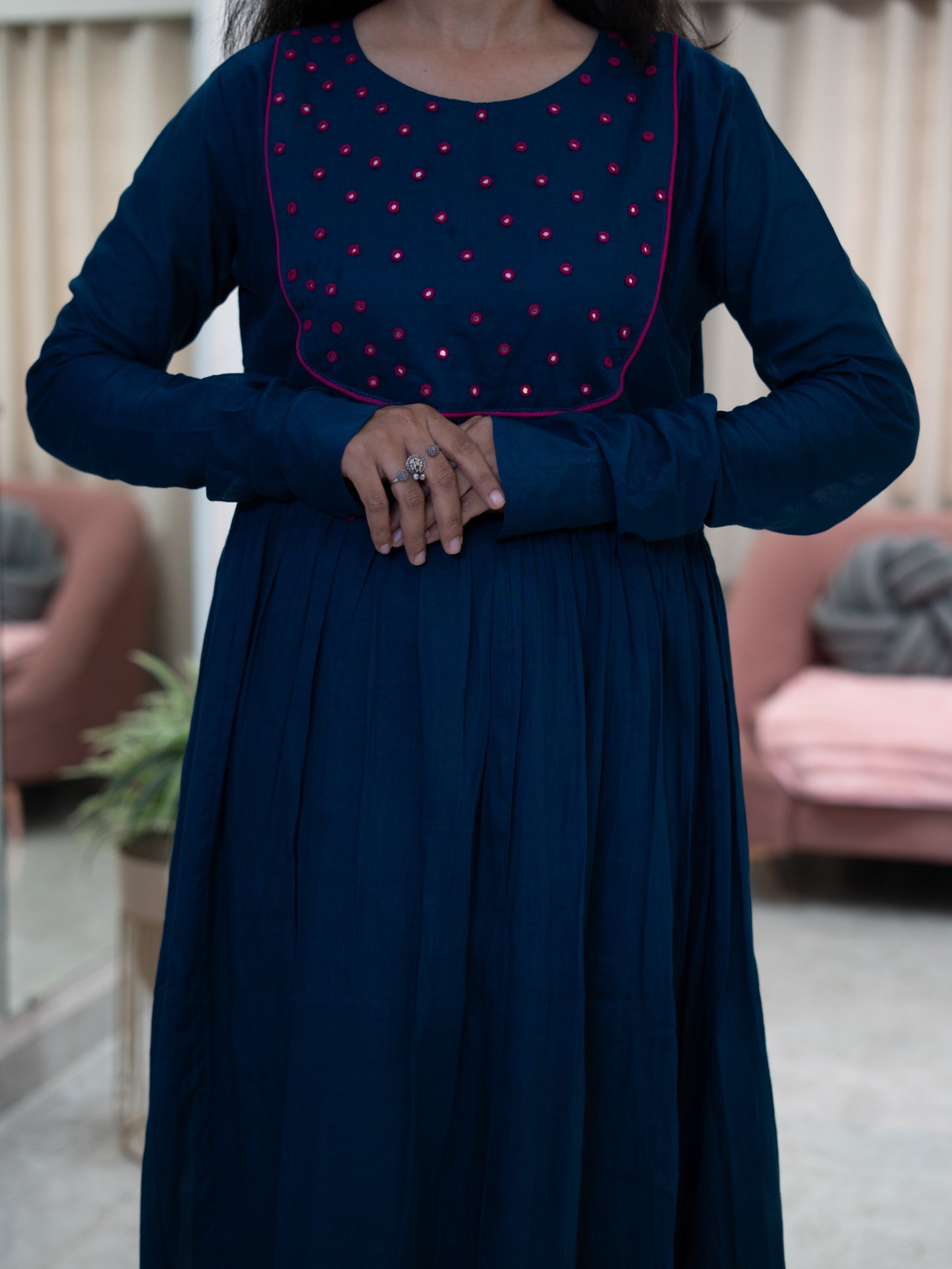 Cotton Frock Suit with Mirror Work Pichwai Print Chanderi Dupatta