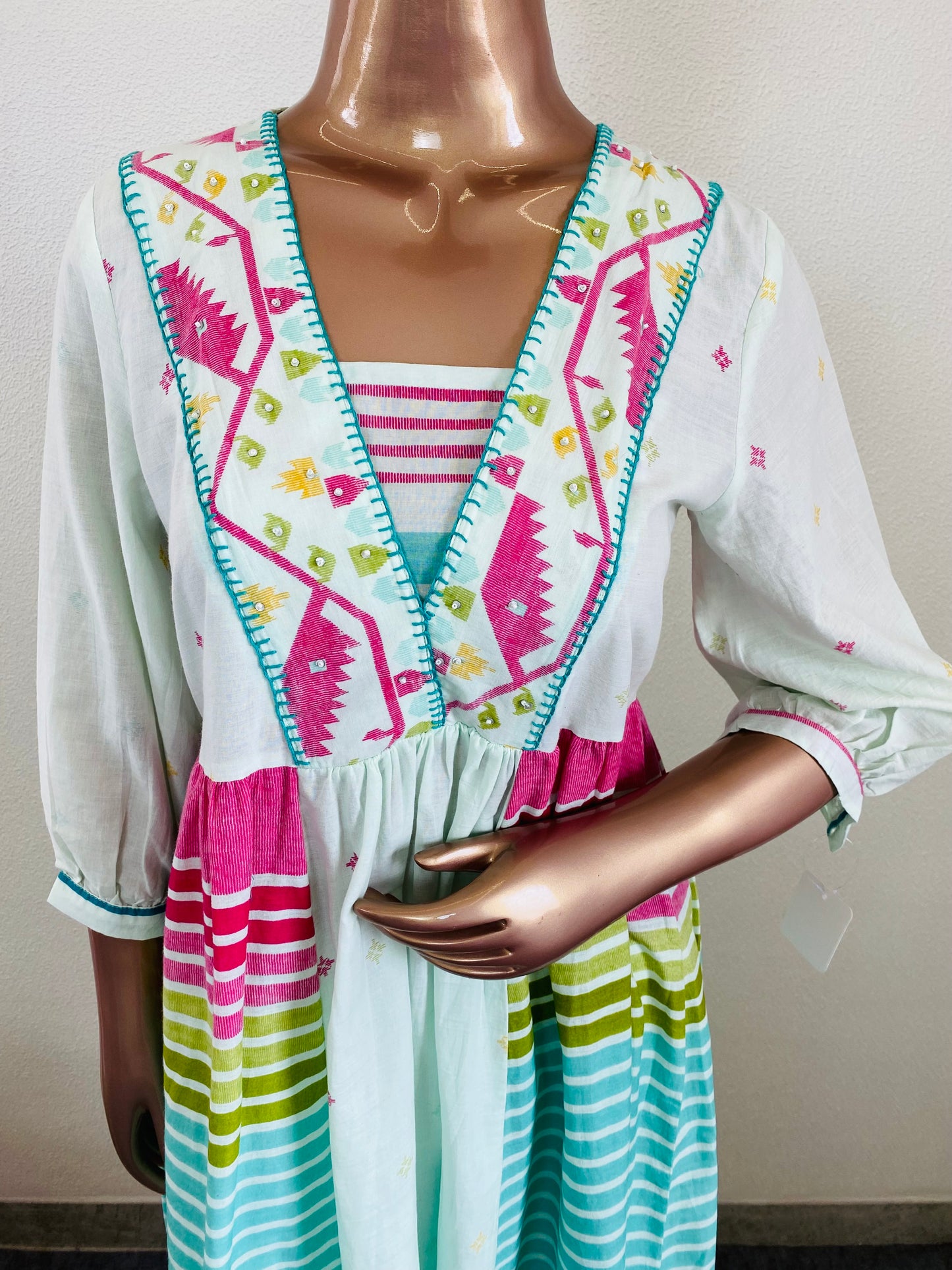 Rainbow Stripes & Ikkat Print Cotton Frock Suit Set