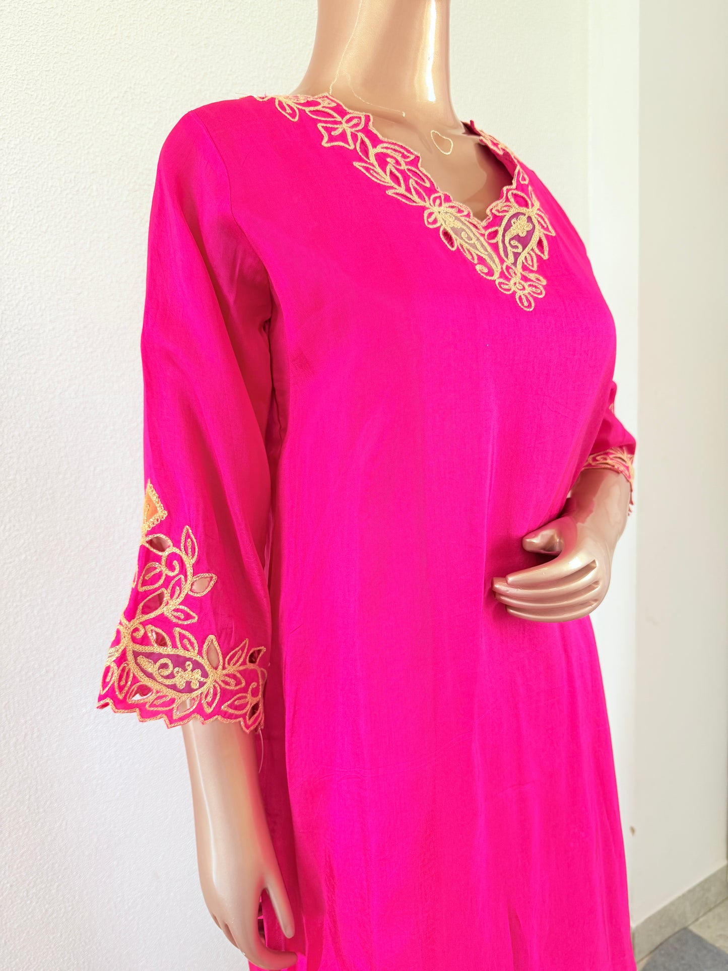 Dola Silk Aari work Suit set with Wide pants
