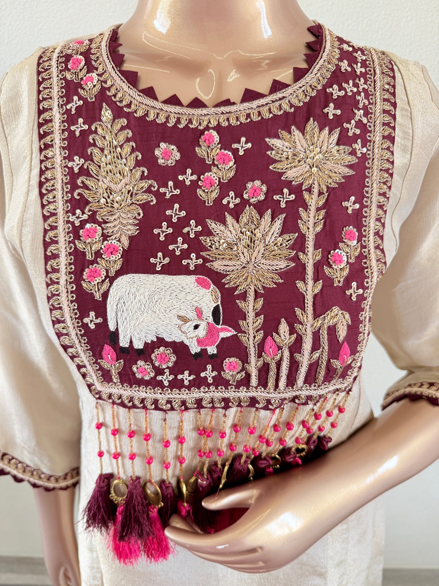 Pichwai Embroidered Tissue Suit with Long Tassels