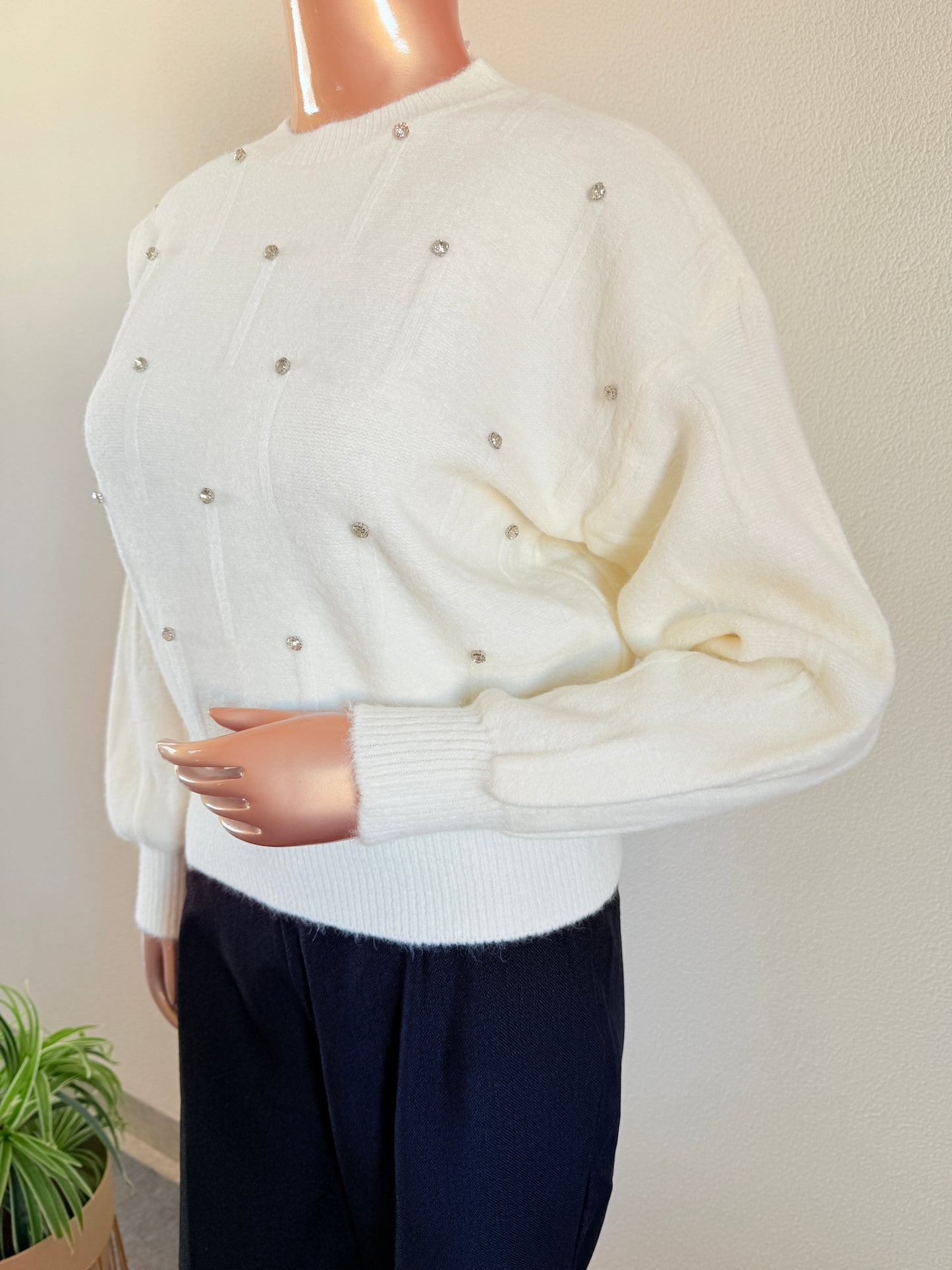 Woollen Top with Diamond Studs - White