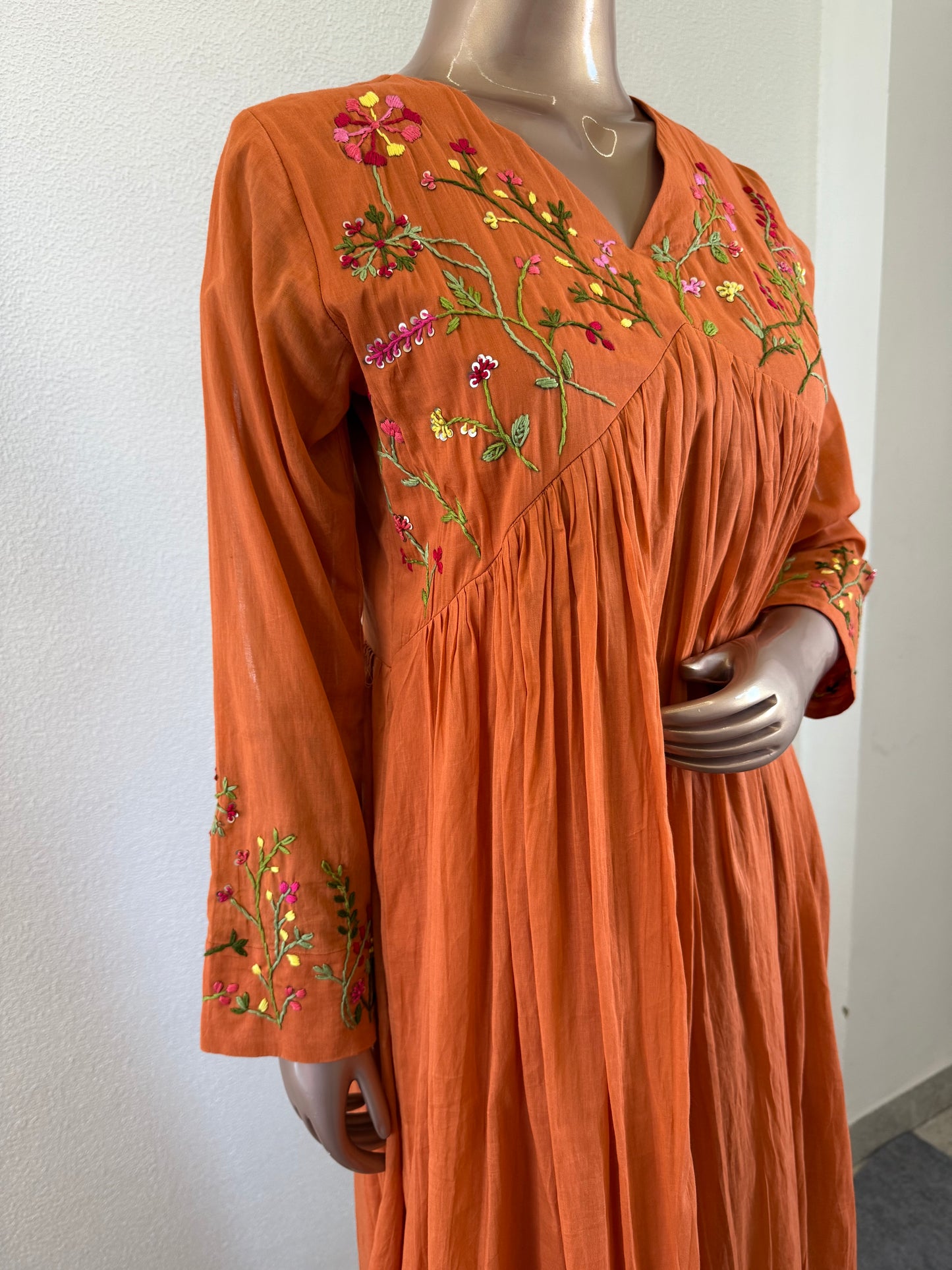 Malai Cotton Frock Suit Set with Hand Embroidery - Rust