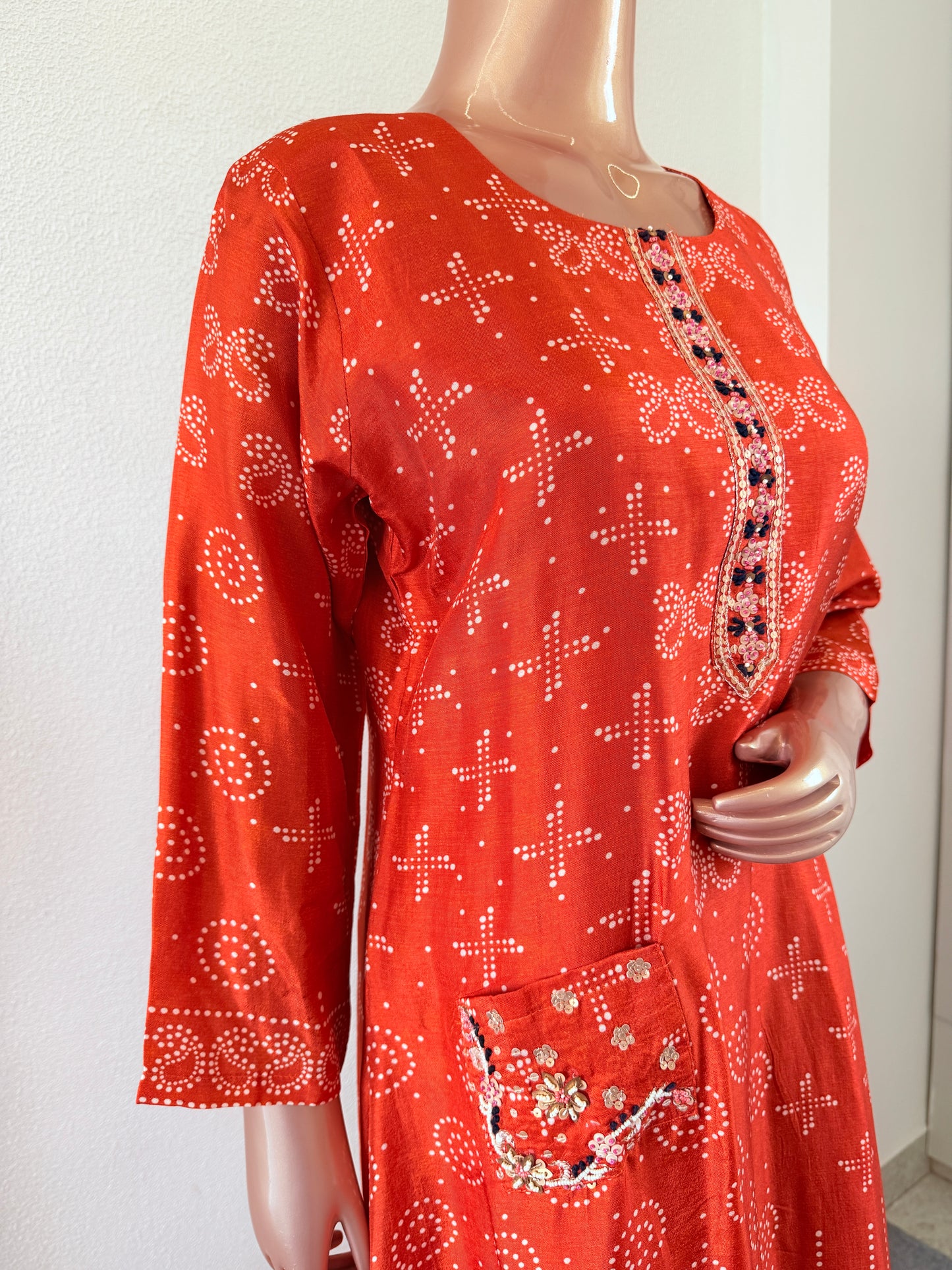 Printed Dola A-line suit set with contrast dupatta