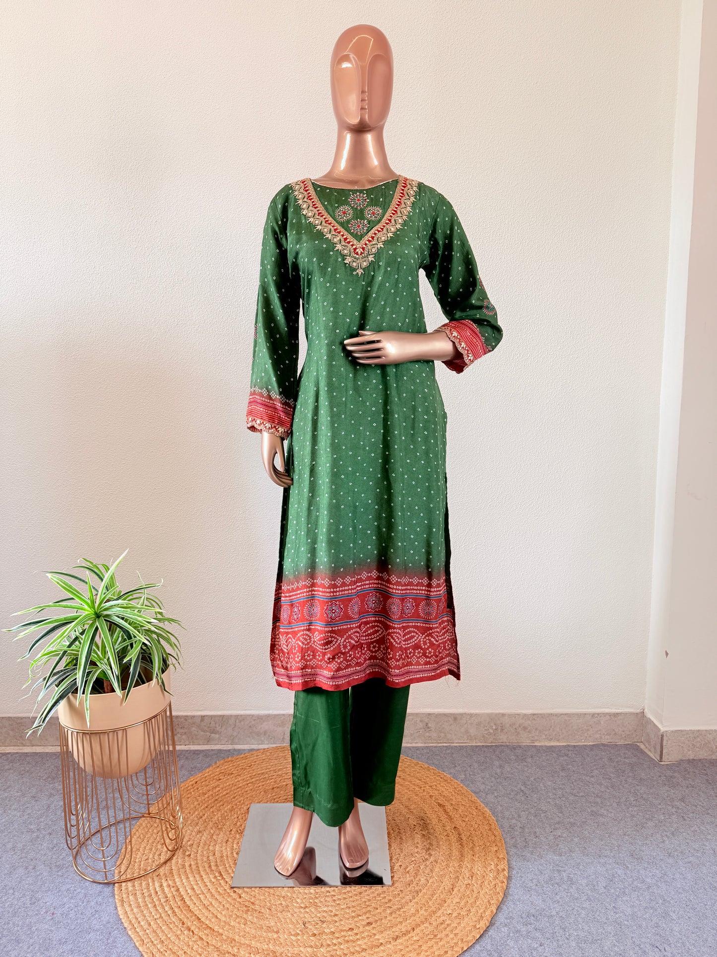 Bandhani Print Dola Silk Suit with organza dupatta