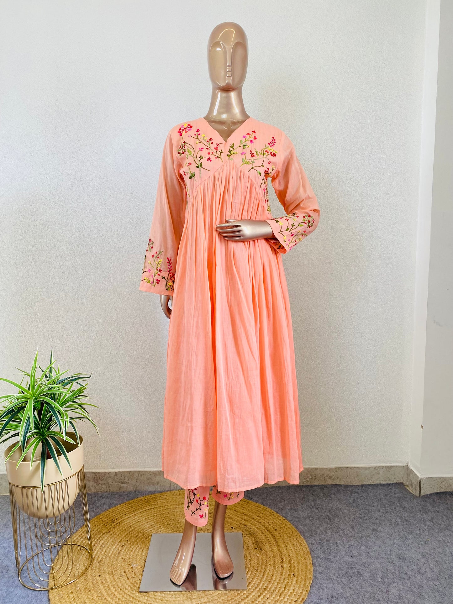 Malai Cotton Frock Suit with Hand Embroidery- Peach