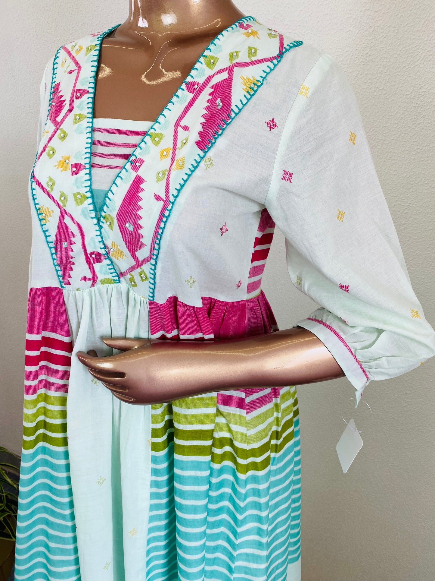 Rainbow Stripes & Ikkat Print Cotton Frock Suit Set