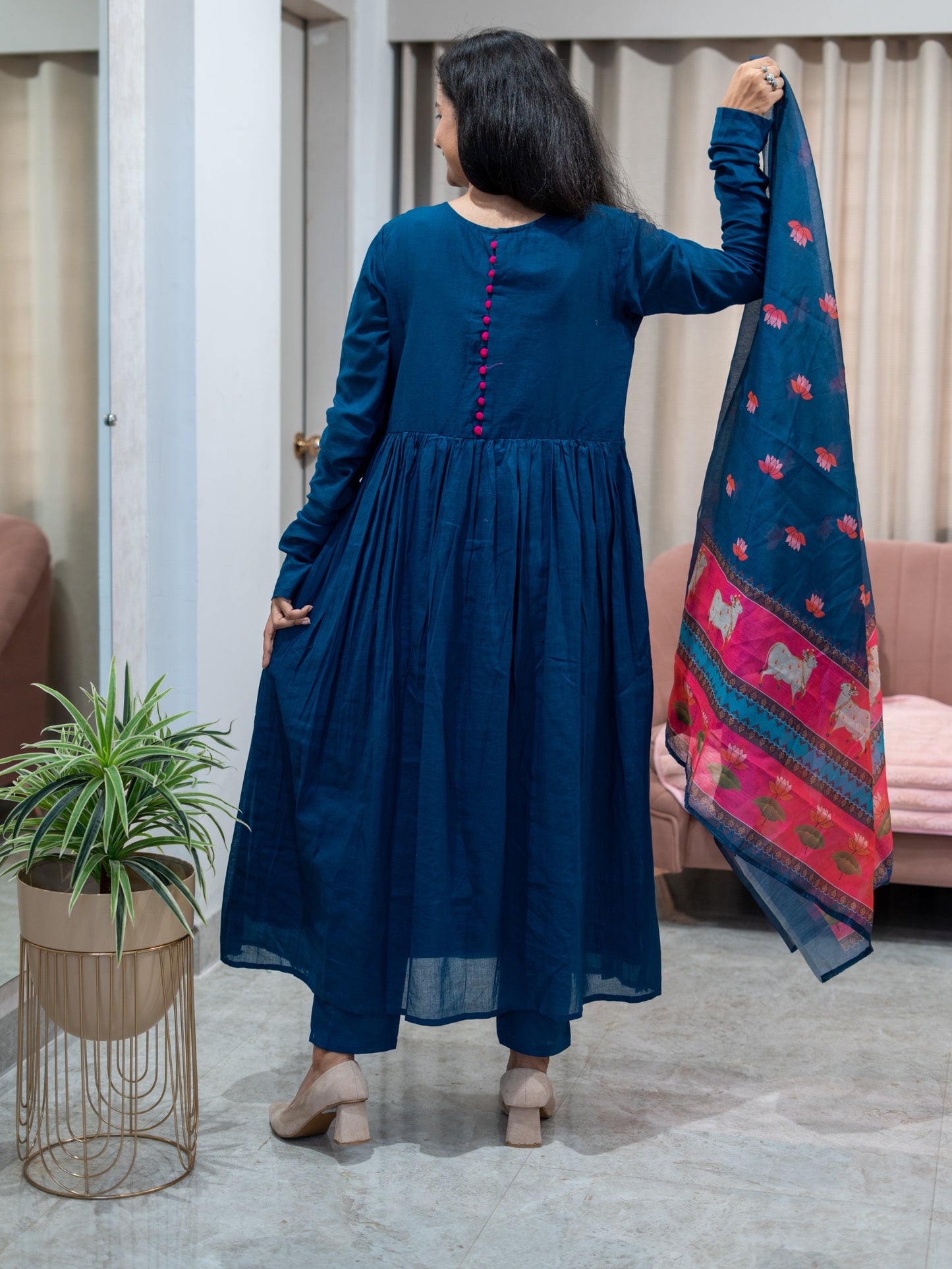 Cotton Frock Suit with Mirror Work Pichwai Print Chanderi Dupatta