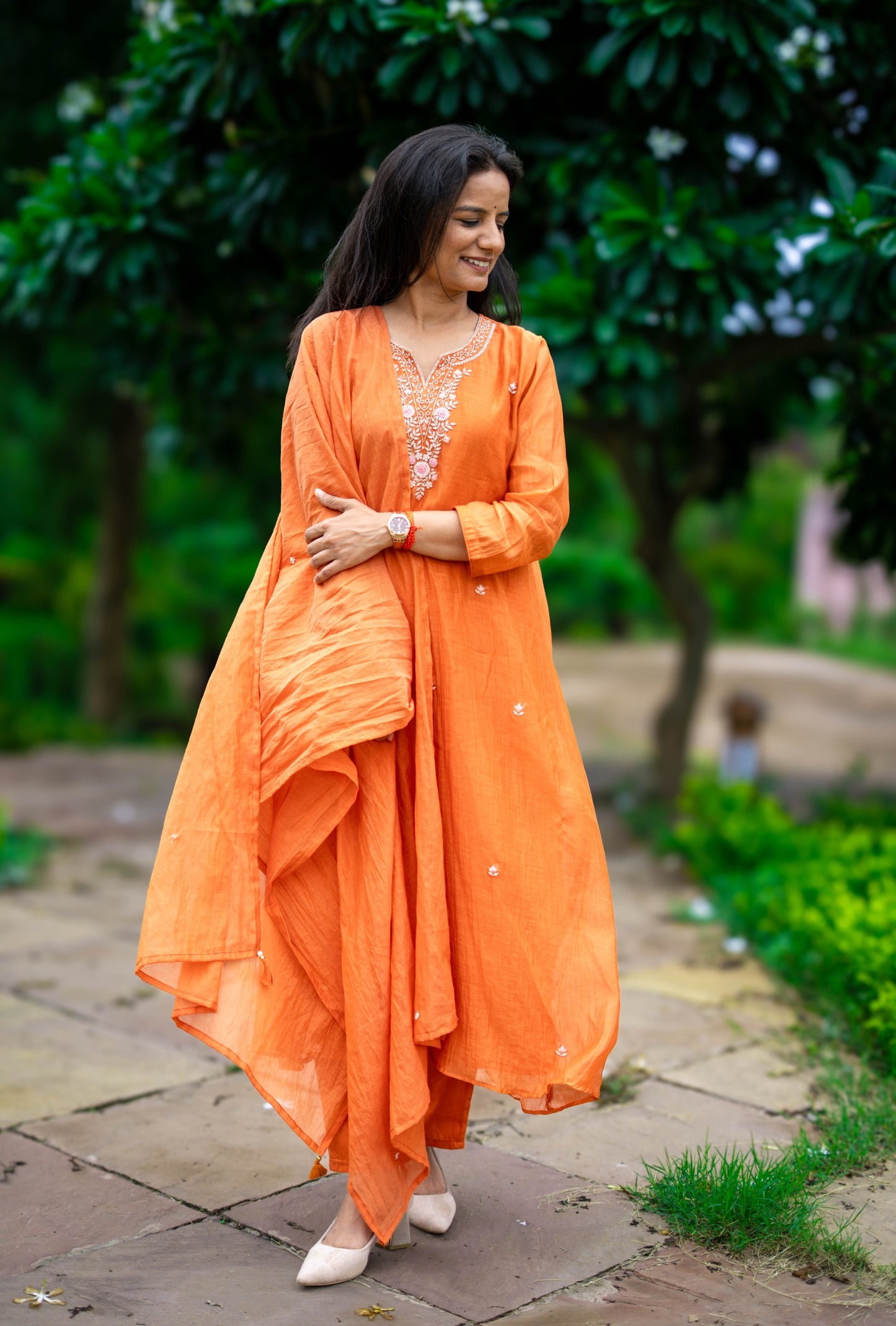 Zardozi Work Mul Chanderi Suit Set - Orange