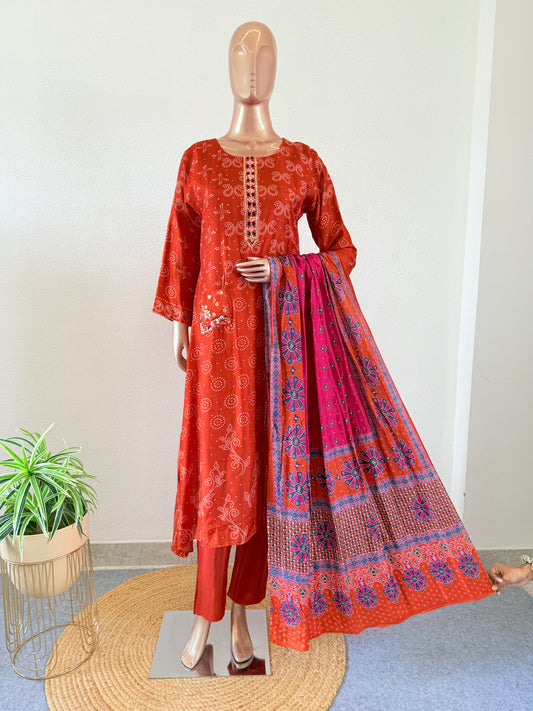 Printed Dola A-line suit set with contrast dupatta