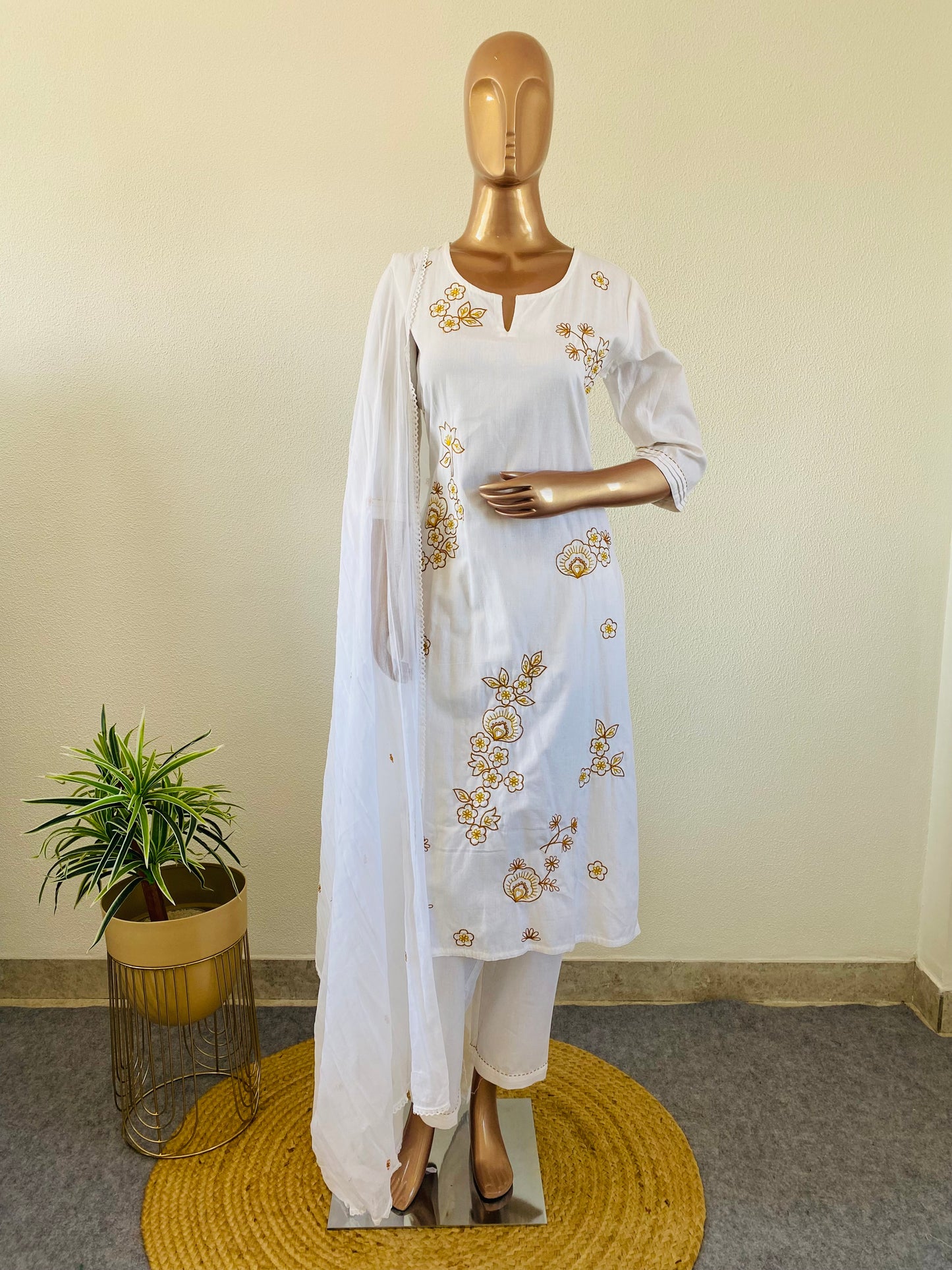 Pure White Cotton Flex Suit Set with Aari work