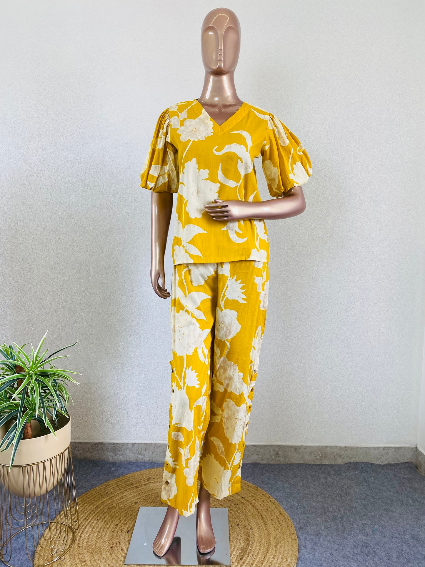 Cotton Coord Set with Puff Sleeves and Buttoned Pants- Yellow