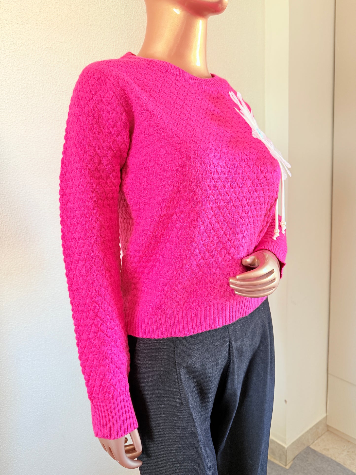 Woollen Top with Floral Patch- Hot Pink