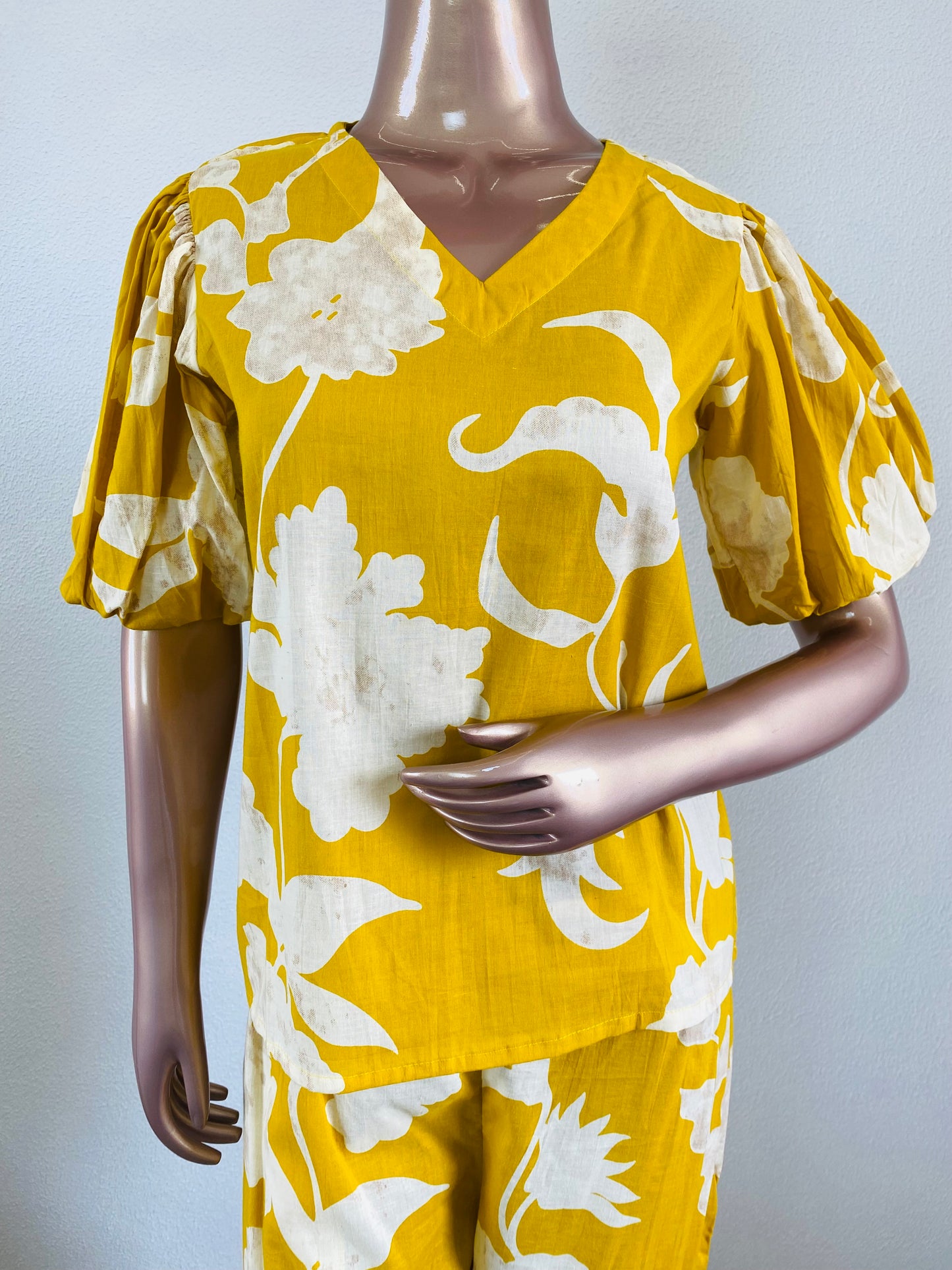 Cotton Coord Set with Puff Sleeves and Buttoned Pants- Yellow