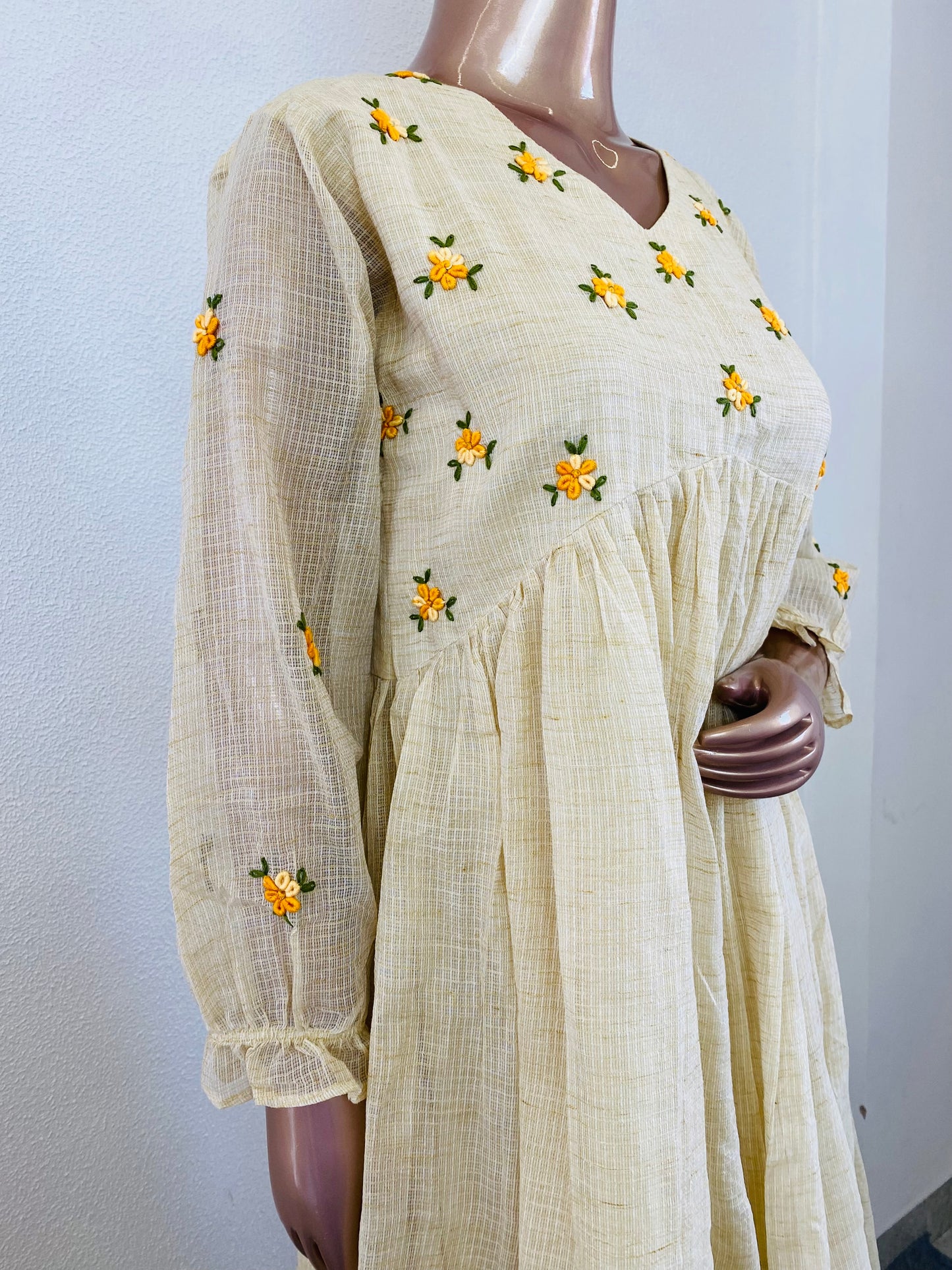 Kota Doria Tunic with Hand Embroidery On Yoke