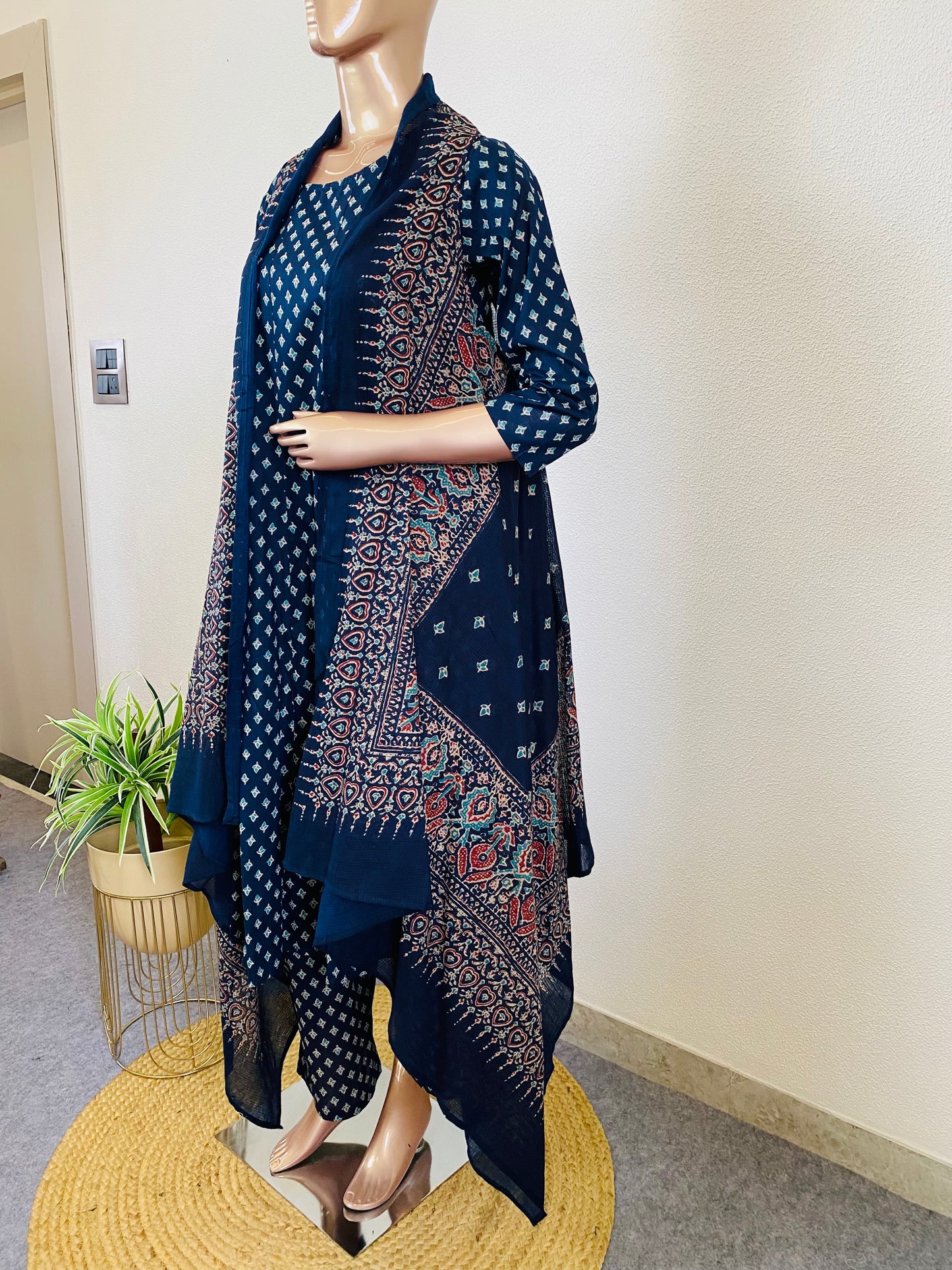 Block Print Cotton Anarkali Suit with Kota Doria Jacket
